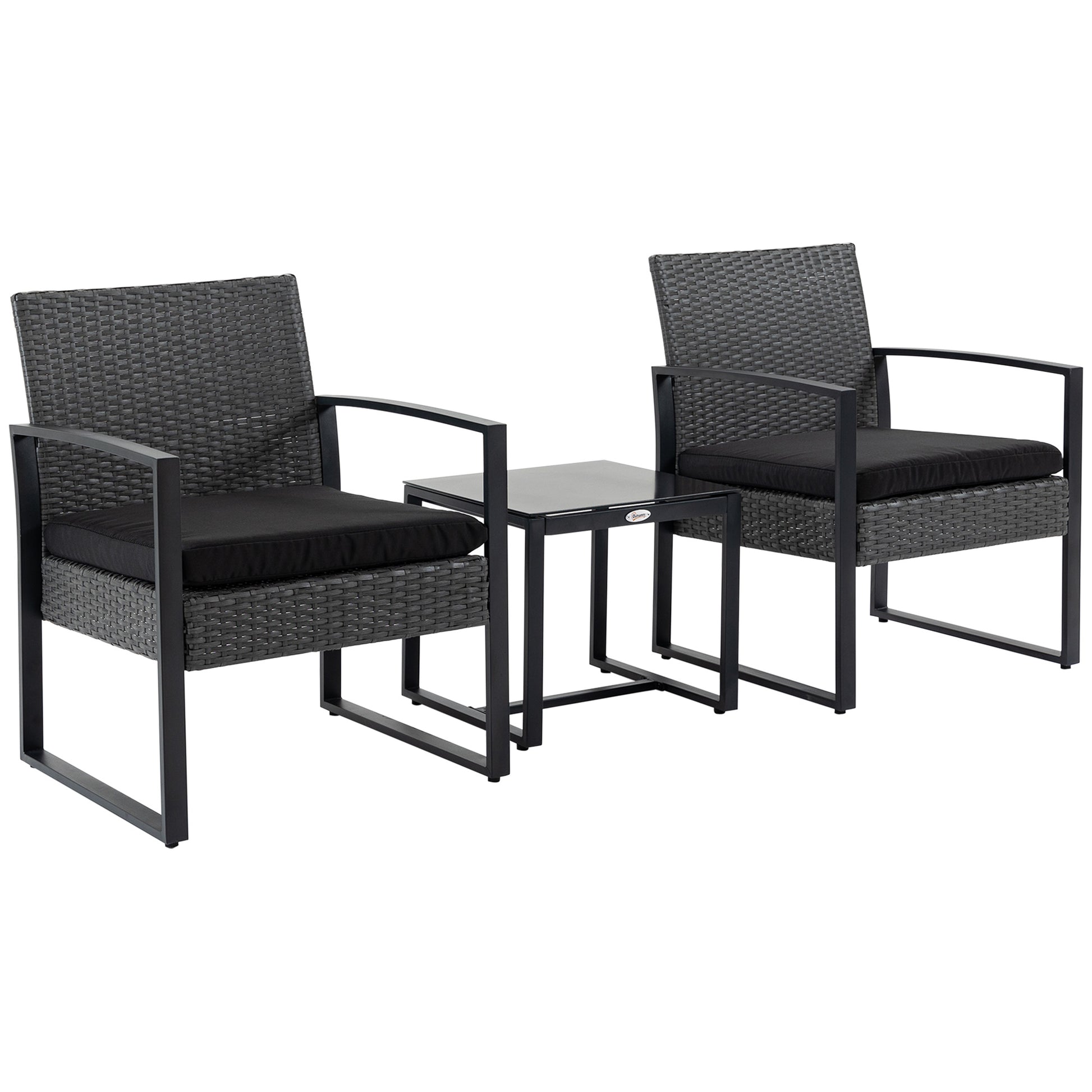 Conjunto de Móveis de Jardim de Vime 3 Peças com 1 Mesa 42,5x40x39 cm 2 Poltronas 63x57x76 cm Almofada Acolchoada para Pátio Varanda Cinzento e Preto