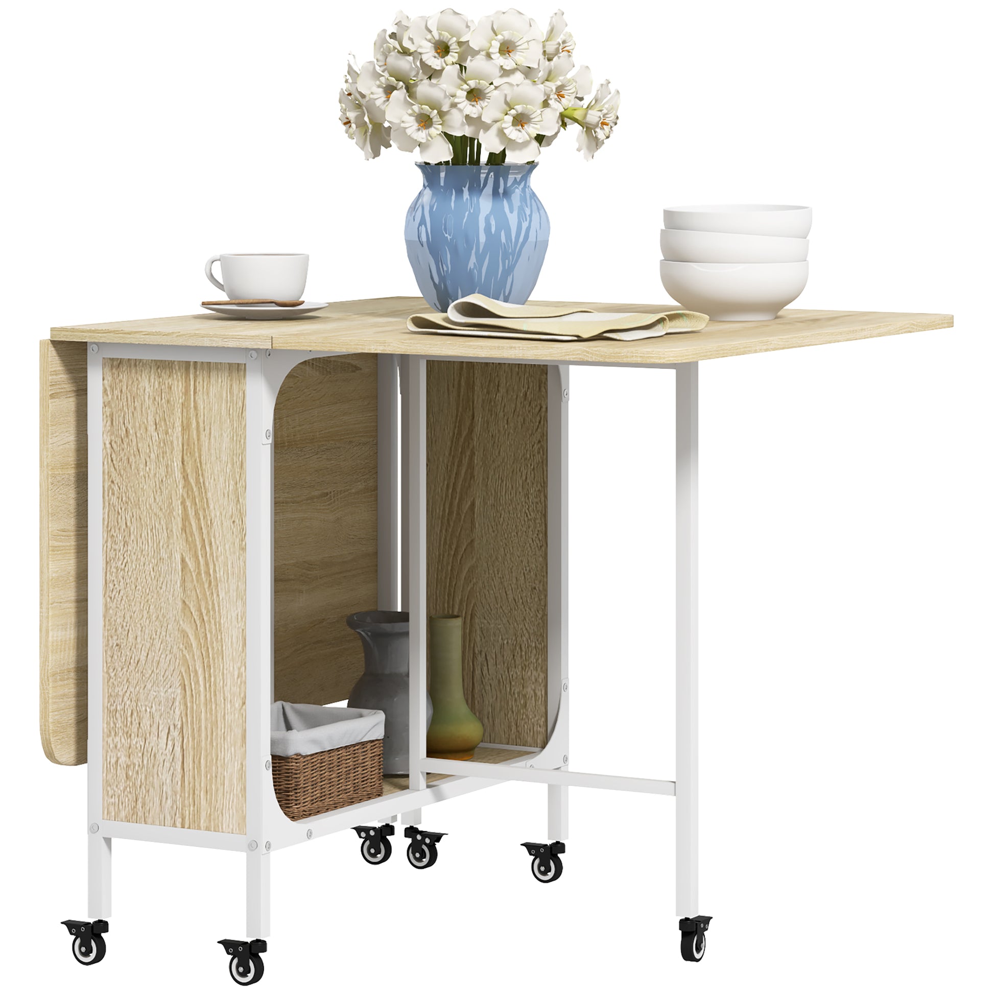 HOMOM Mesa de Cozinha Dobrável Mesa de Refeição Dobrável com Rodas Laterais Abatíveis e Prateleira Mesa Dobrável para Sala de Jantar 130x80x74 cm Madeira e Branco