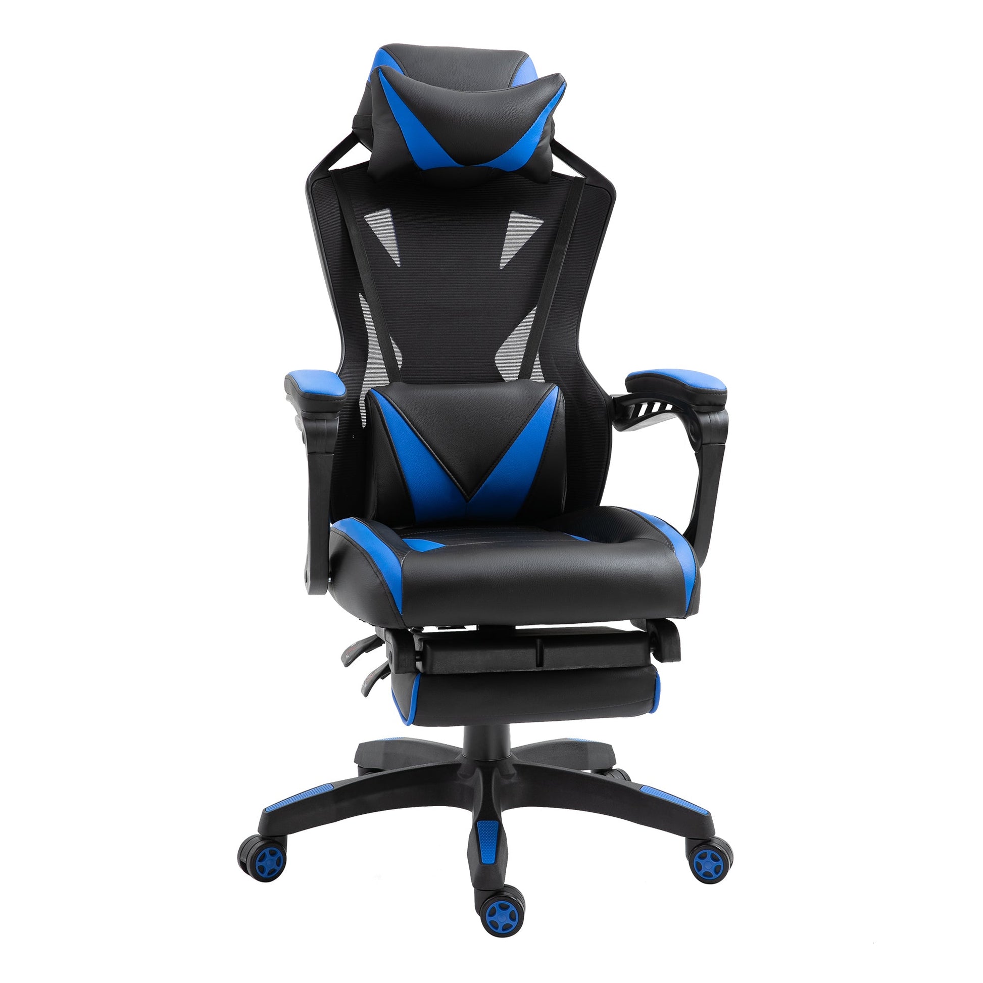 Cadeira Gaming Ergonómica Cadeira Gaming para Escritório com Altura Ajustável Encosto Regulável Almofada Lombar Apoio para os Pés Retráteis 65x70x117-125cm Azul