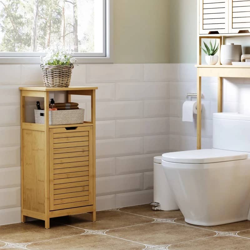 kleanklin Cesto para Roupa de Bambú Armário para Casa de Banho com 2 Prateleiras 1 Cesta de Tecido Removível Móvel de Armazenamento para Sala de Estar Cozinha 40x30x86,5 Natural