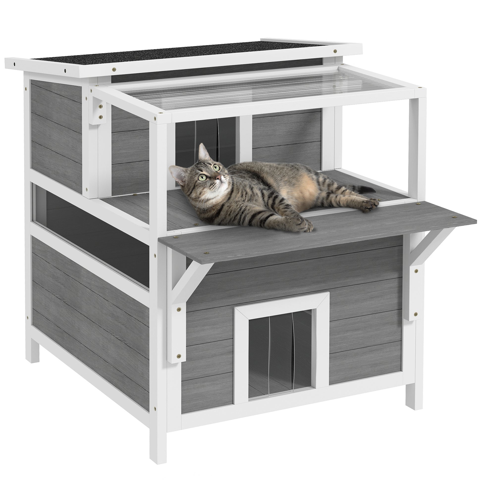 PawHut Casa para Gatos de Madeira 64x87x76 cm Casota para Gatos de 2 Níveis Refúgio para Gatos com Teto Asfáltico Janela e Porta com Cortina para Interior e Exterior 64x87x76 cm Cinza Claro