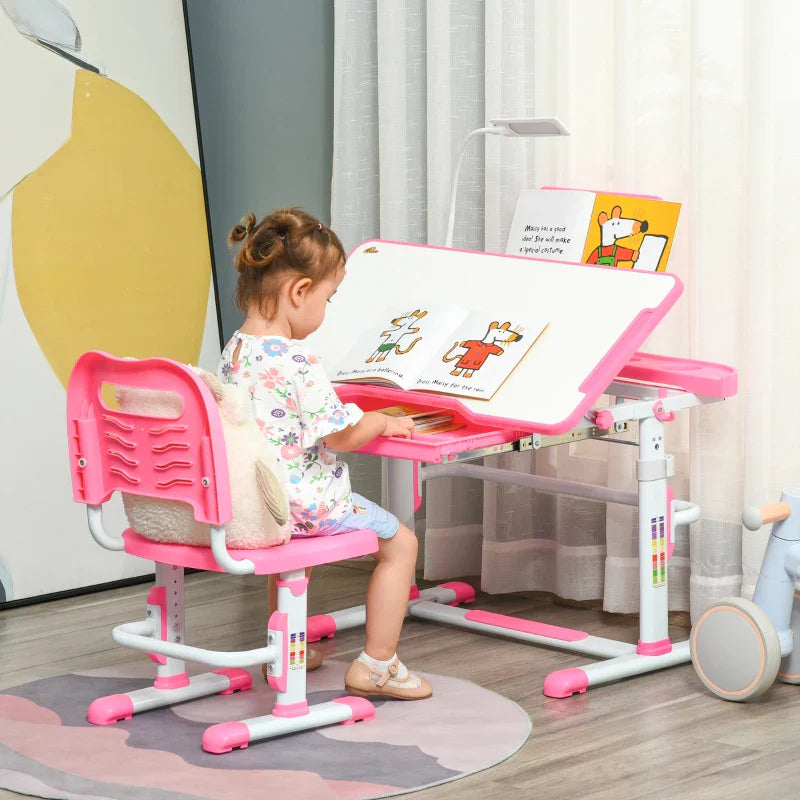 Conjunto de Secretária e Cadeira para Crianças acima de 3 Anos Secretária Infantil com Altura Ajustável Mesa Inclinável Gaveta Lâmpada LED e Suporte para Lápis 80x49,5x80-105cm e 36x34x60-73cm Rosa