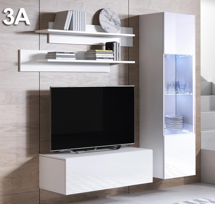 Conjunto de Móveis de Sala Bordeira – 1,6 m – Modular em Branco com Móvel TV, Vitrine e Estantes – Design Moderno
