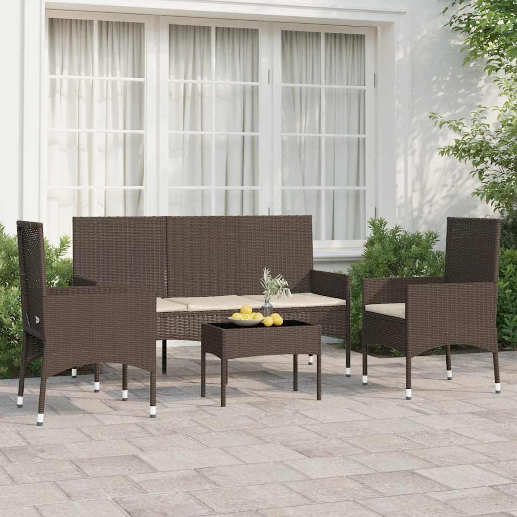 4 pcs conjunto lounge jardim c/ almofadões vime PE castanho - A minha loja