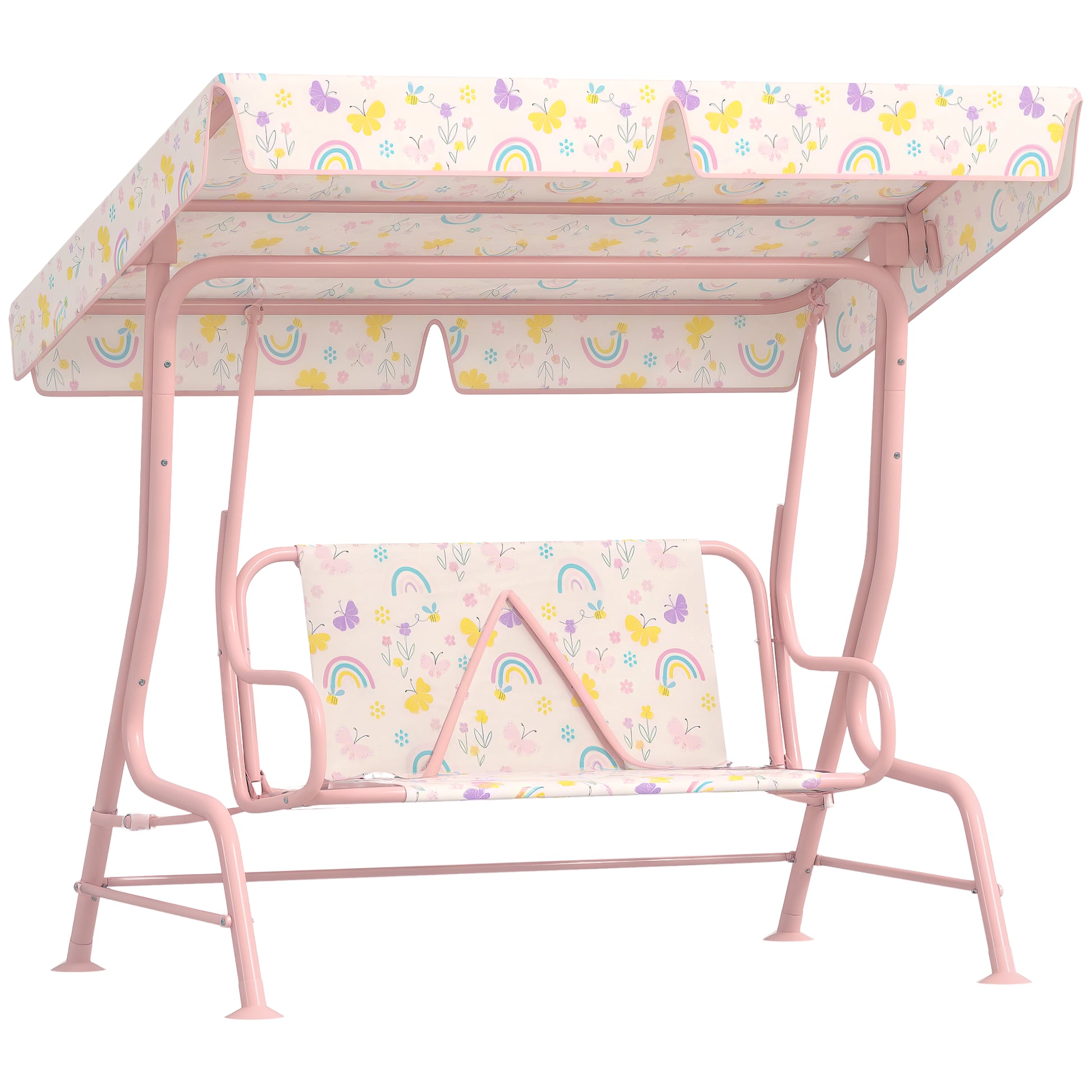 AIYAPLAY Baloiço de Jardim para Crianças acima de 3 Anos Baloiço Infantil de Exterior com 2 Lugares Toldo Ajustável Cinto de Segurança e Desenho de Borboletas 112x75x120 cm Rosa