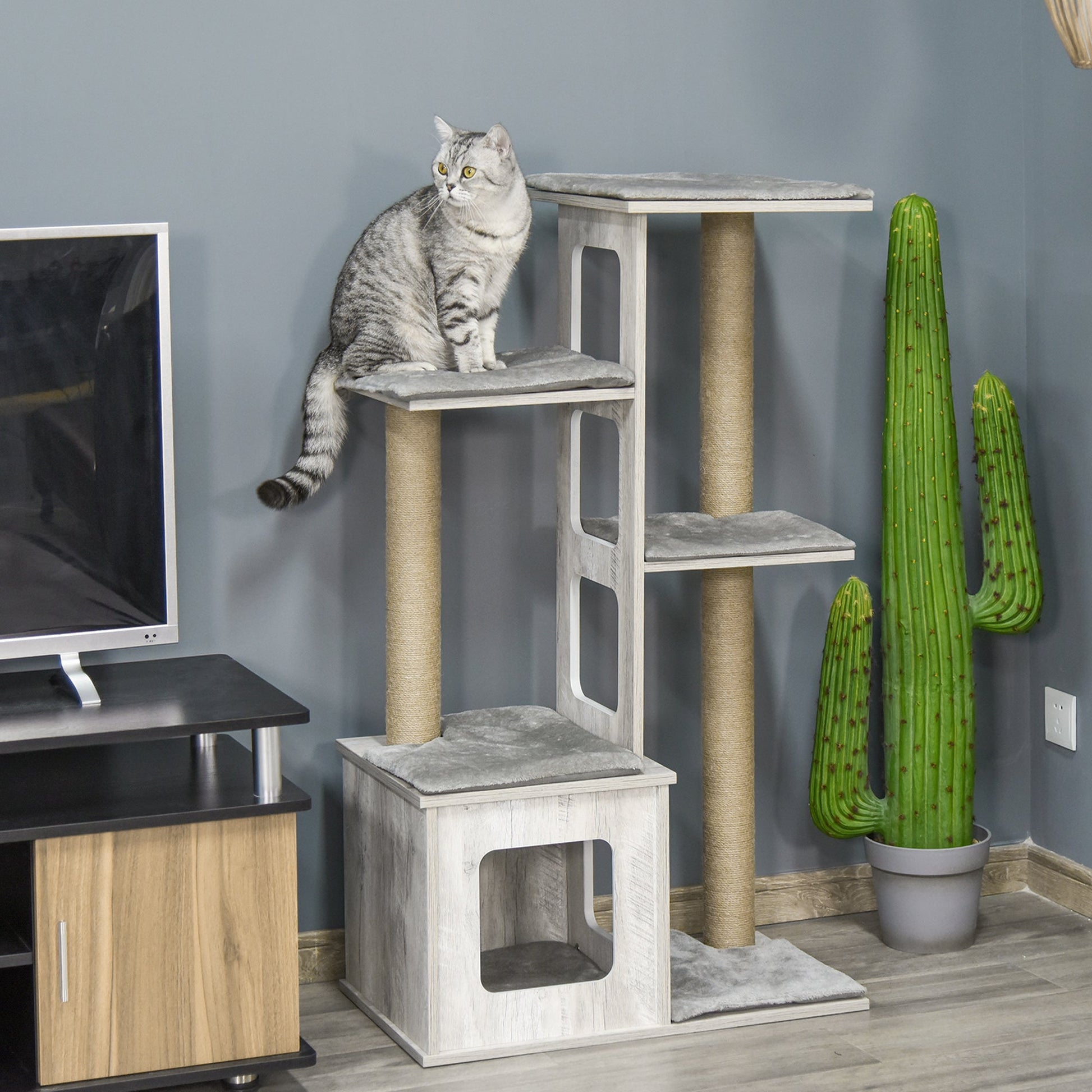 PawHut Árvore Arranhador para Gatos Arranhador de Gatos com Caverna Múltiplas Plataformas e Postes de Arranhar de Juta Brincadeira e Descanso 67x38,5x114cm Cinza