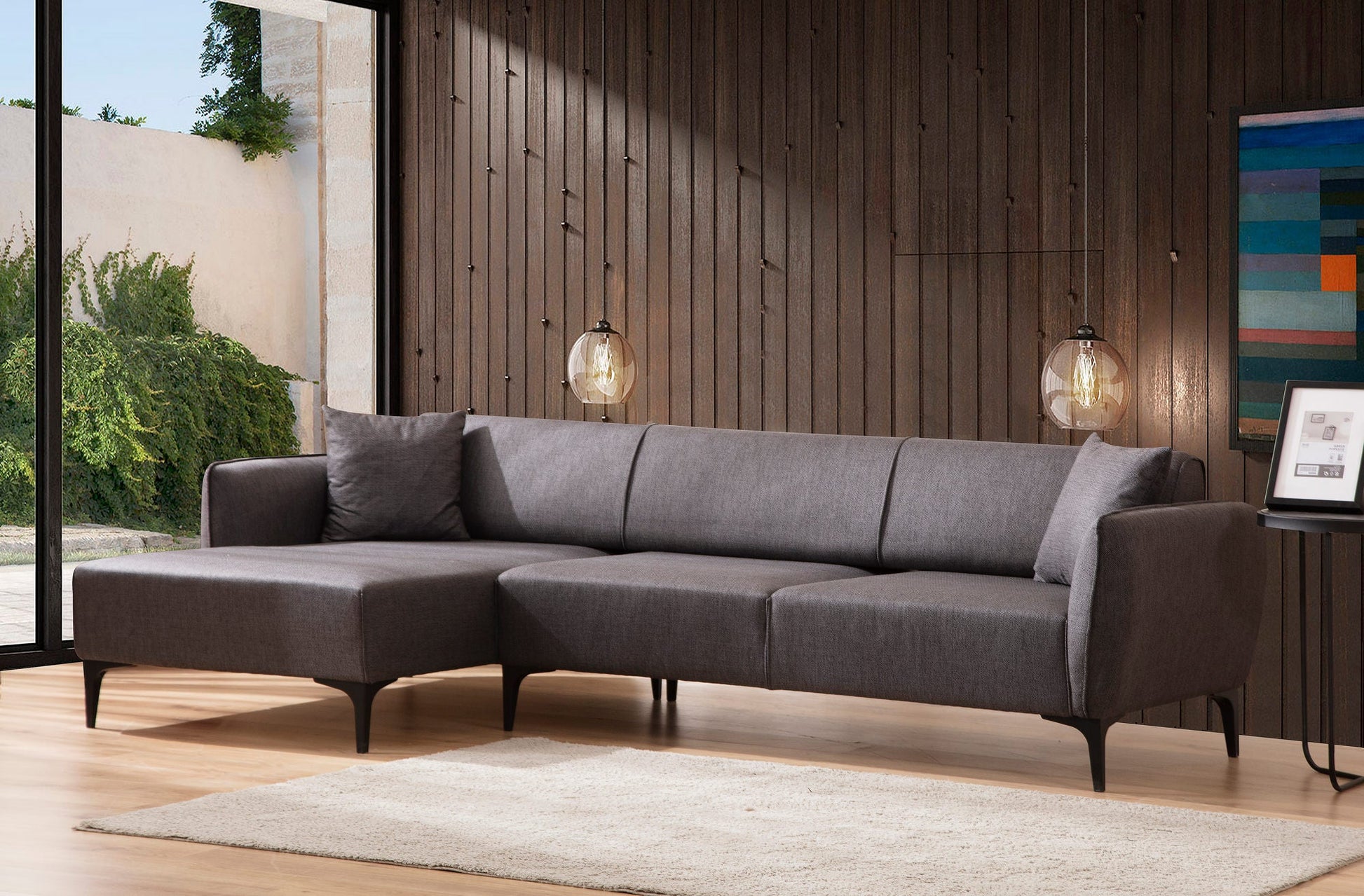 Sofá "Belissimo" Chaise Longue de 3 Lugares – Cinzento Escuro – 270x140x95 cm – Design Moderno