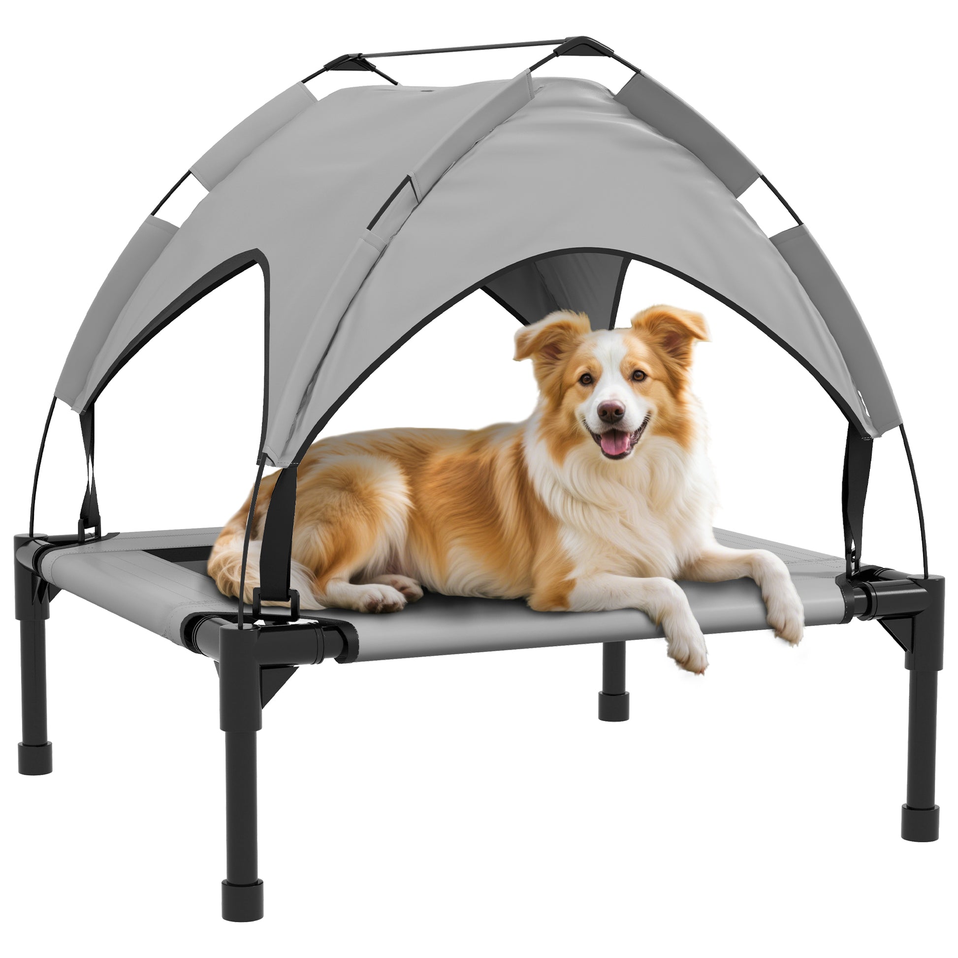 awHut Cama para Cães Elevada com Toldo Cama para Cães Médios com Estrutura de Aço e Bolsa de Transporte para Interior e Exterior 76x61x69,5 cm Cinzento Claro