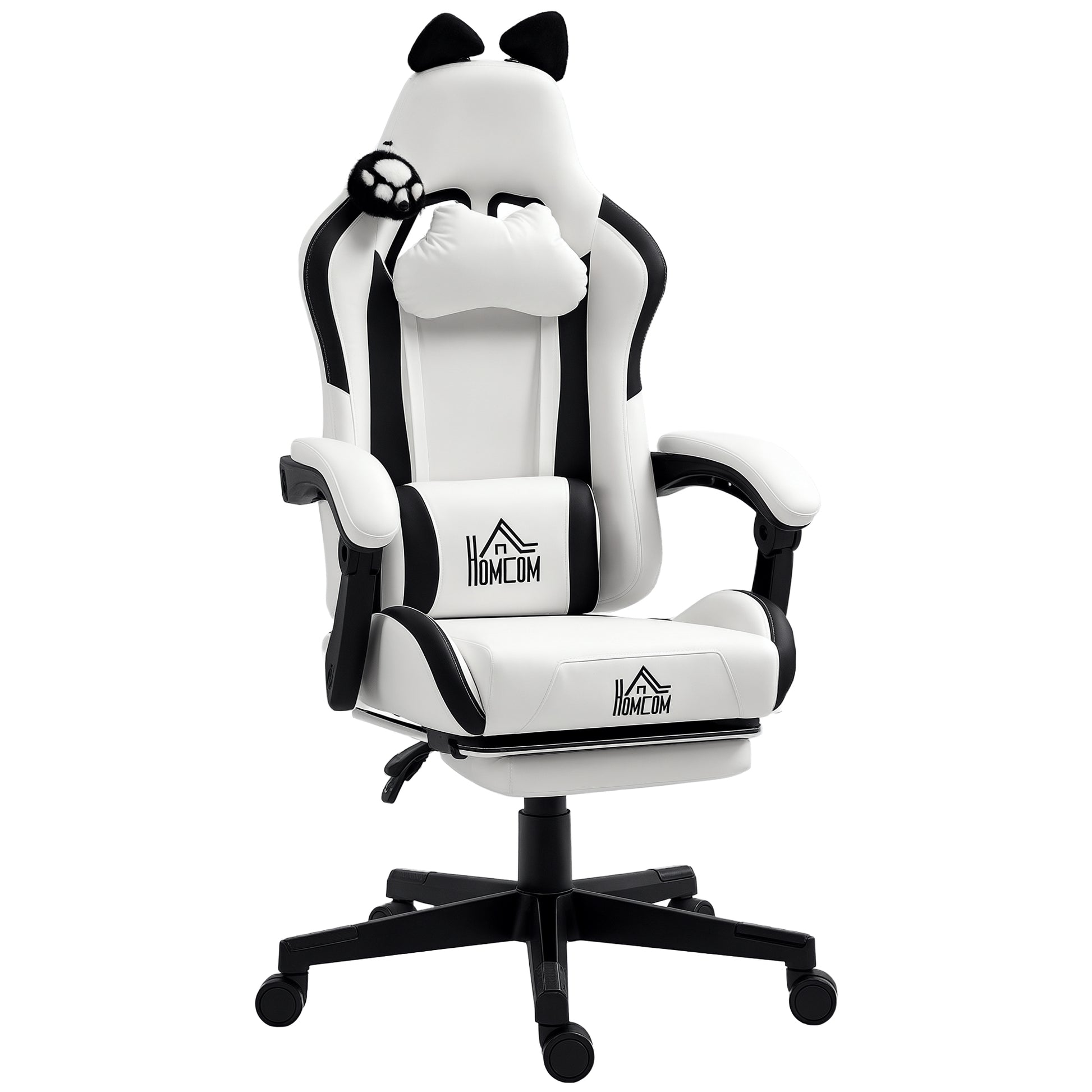 Cadeira Gaming com Orelhas Cadeira Gamer Reclinável com Altura Ajustável Apoio para os Pés Retrátil Suporte Lombar e Apoio para a Cabeça Desmontável Cadeira para Escritório 65x62x116-124 cm Branco