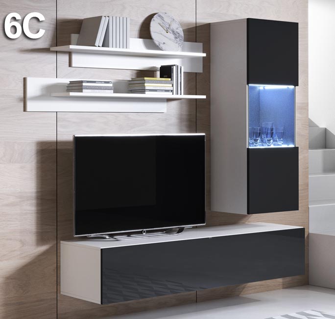 Conjunto de Móveis de Sala Sandim – 1,6 m – Modular em Branco e Preto com Móvel TV, Vitrine e Estantes – Design Moderno