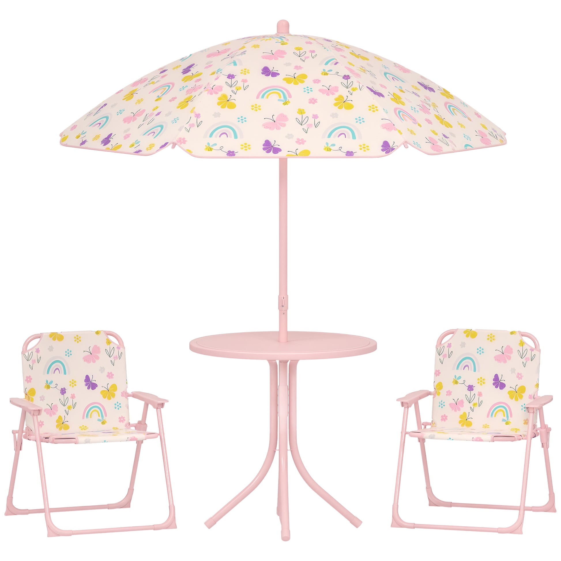 AIYAPLAY Conjunto de Mesa e Cadeiras para Crianças de Jardim Mesa Infantil com Cadeiras Dobráveis Chapéu de Sol Ajustável e Desenho de Borboletas para Pátio Piquenique Verde