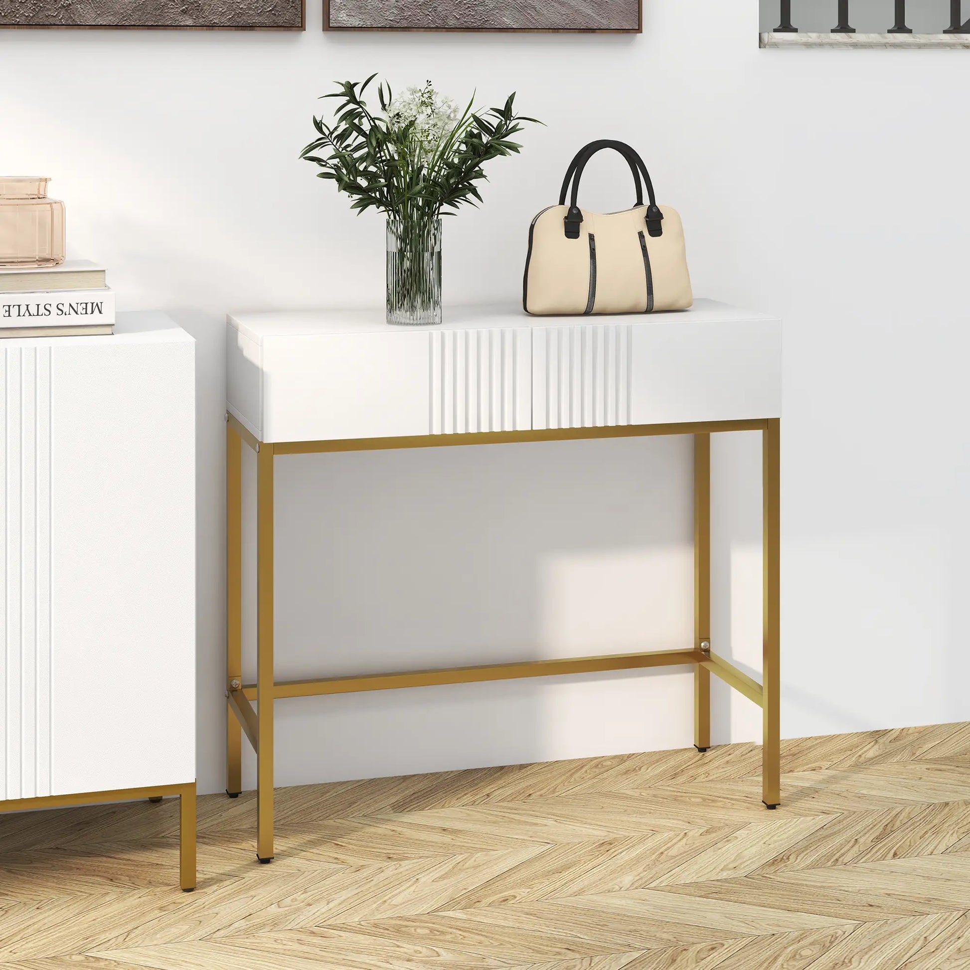 Mesa Consola Moderna Mesa de Entrada com 2 Gavetas e Pés de Aço Anti-tombo para Entrada Sala Corredor 80x31,5x75 cm Branco
