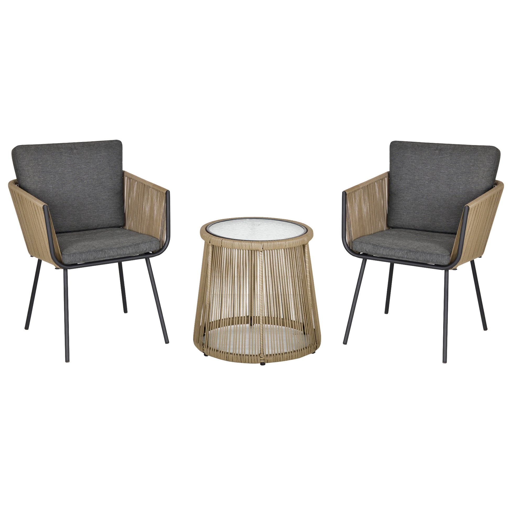 Conjunto de Móveis de Vime Conjunto de Móveis para Jardim 3 Peças Mesa Redonda e 2 Poltronas com Almofadas Acolchoadas Pátio Terraço Cinza Claro e Marrom