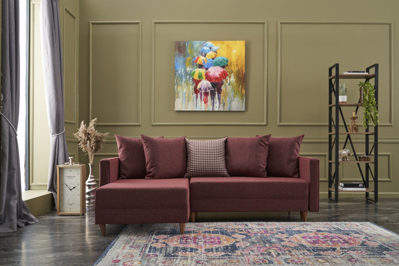 Sofá-Cama Chaise Longue Esquerdo "Monaco" - Vermelho Tinto - 215x80x150 cm - Estrutura em Madeira de Faia - Design Moderno