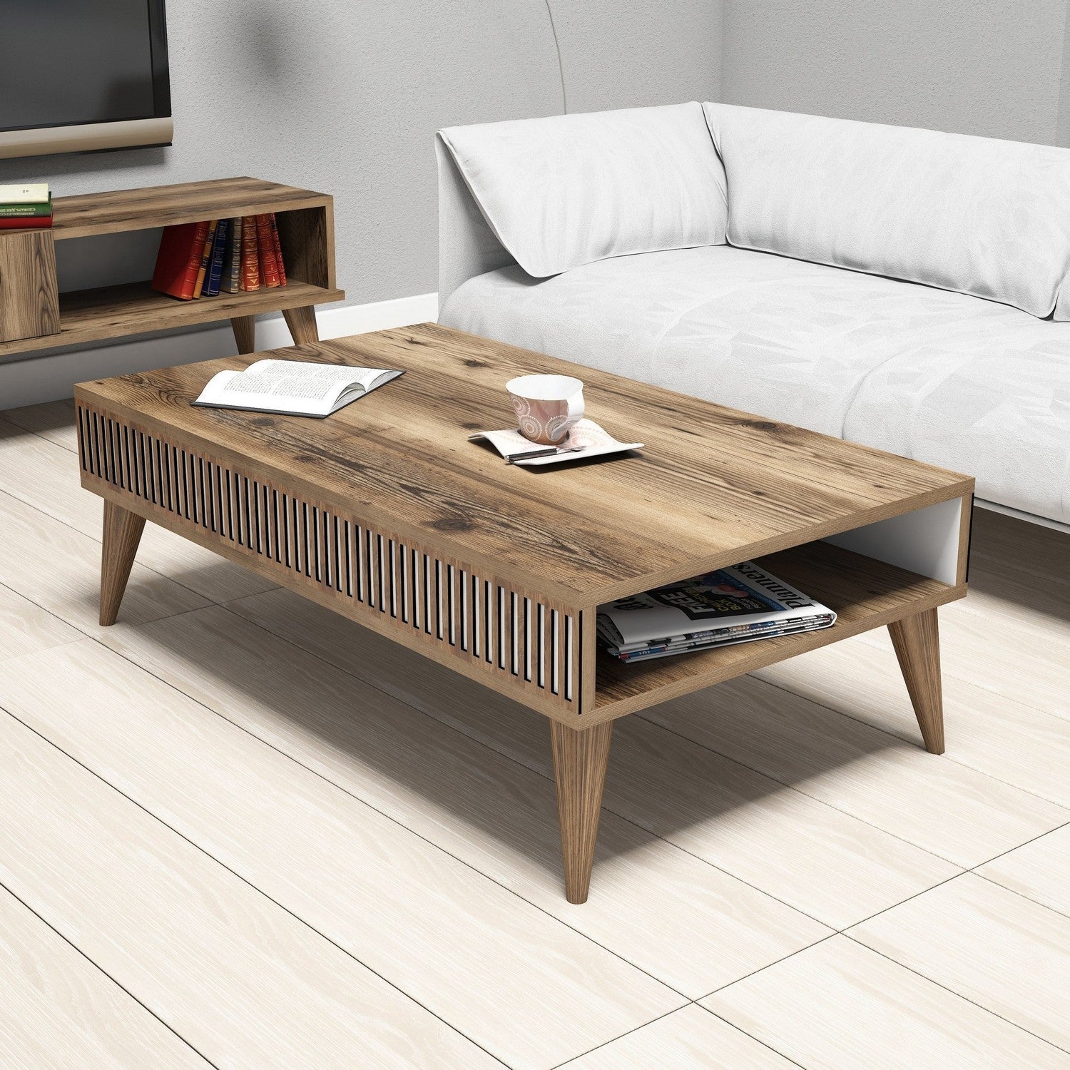 Mesa de Centro Tribal – Nogueira e Branco (105 x 34,6 x 60 cm) | Elegância, Durabilidade e Versatilidade