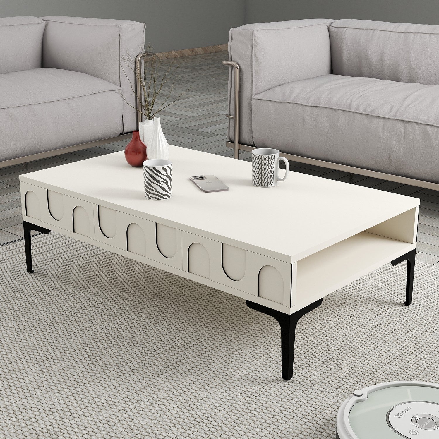 Mesa de Centro Retangular – Lyon – Creme e Preto – 105x60x32,6 cm