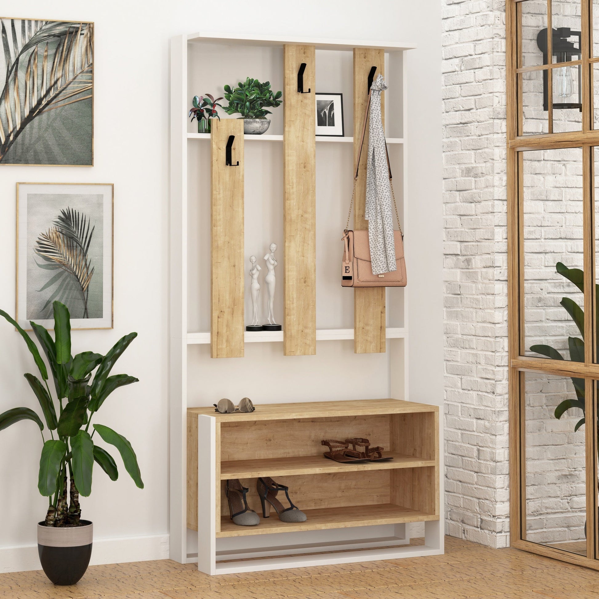 Conjunto de Entrada Chester com Cabide, Sapateira e Banco – 90x36x180 cm – Branco e Carvalho – Estilo Moderno