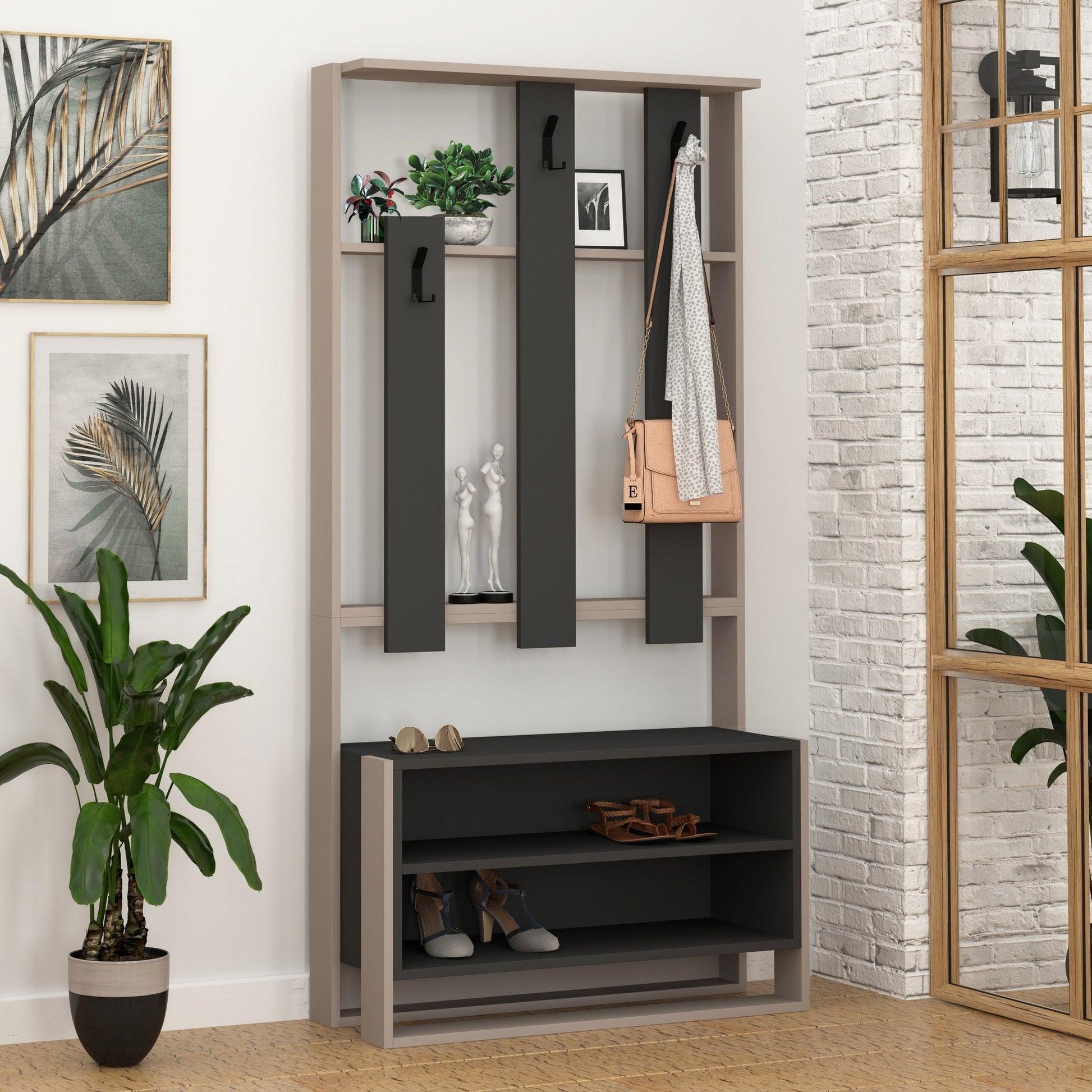 Conjunto de Entrada Chester – Sapateira, Banco e Cabide - 90x36x180 cm – Moka Claro e Antracite – Estilo Moderno