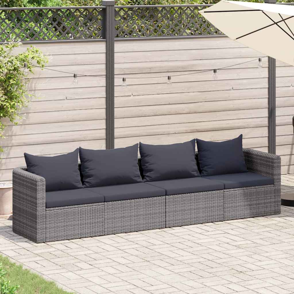 4 pcs conjunto sofás de jardim c/ almofadões vime PE cinzento