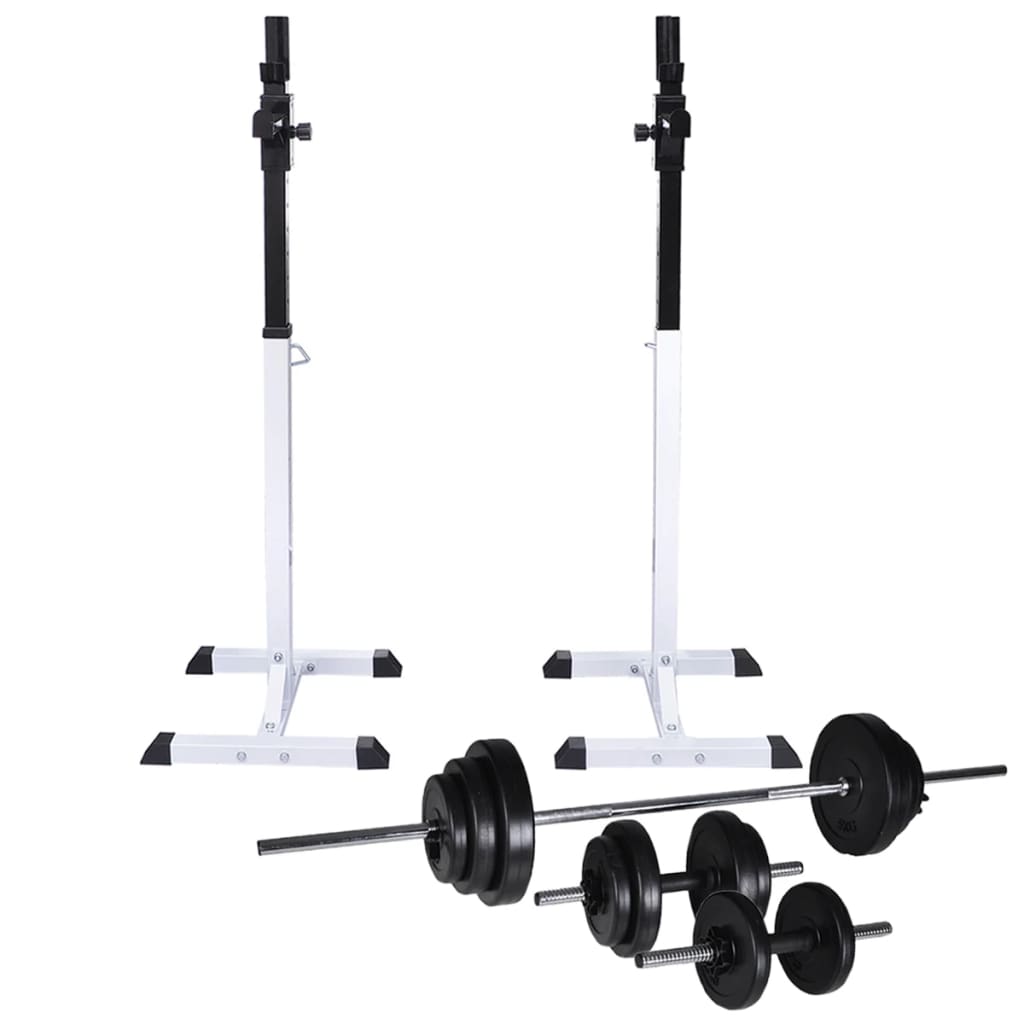 Suporte barra musculação c/ conjunto pesos e barras 30,5 kg