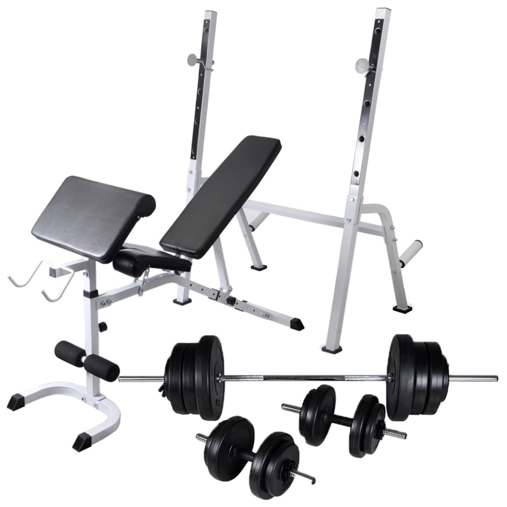 Banco musculação c/ suporte p/ pesos + barras e halteres 60,5kg