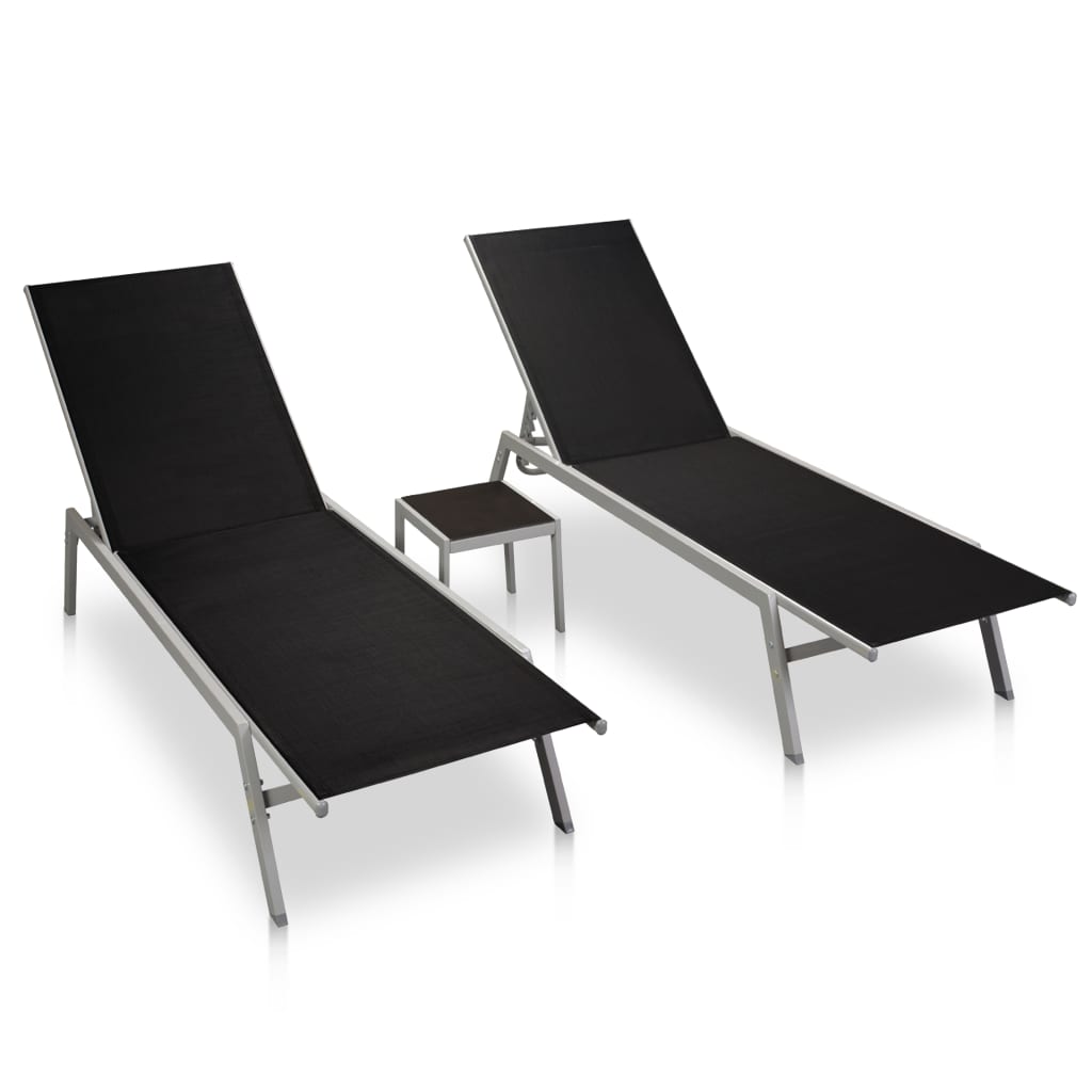 Espreguiçadeiras com mesa 2 pcs aço e textilene preto
