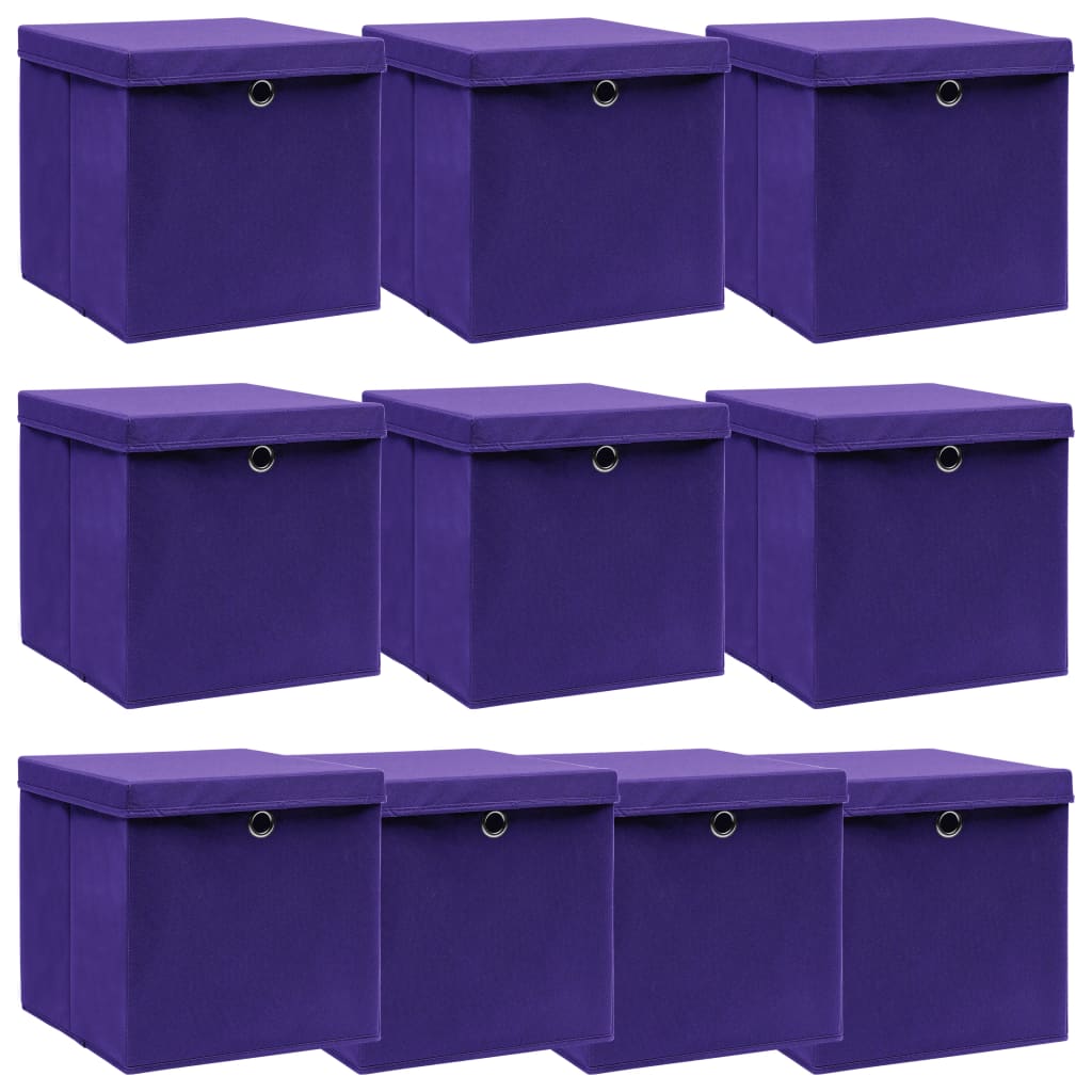 Caixas de arrumação com tampas 10 pcs 32x32x32 cm tecido roxo