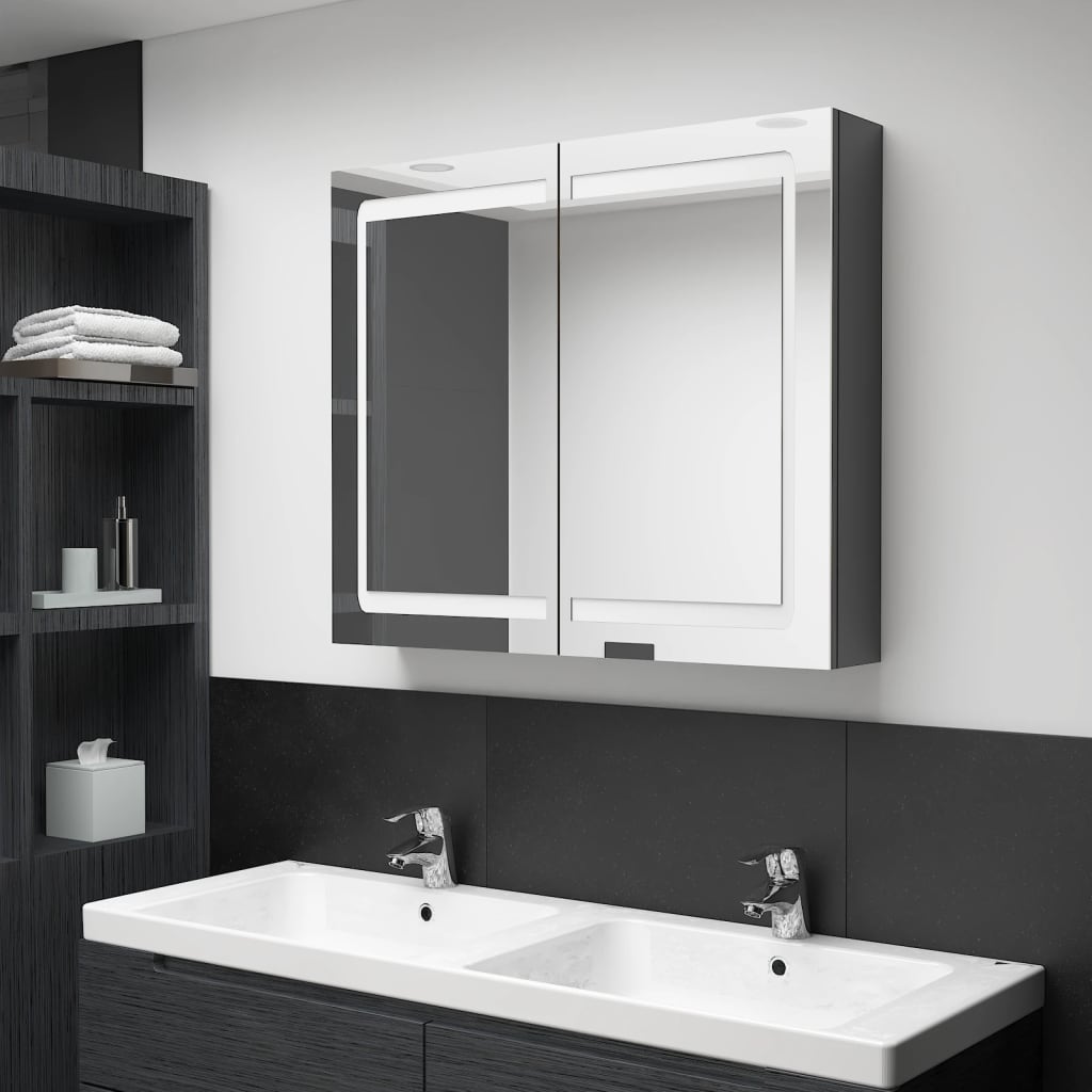Armário espelhado casa de banho LED 80x12x68 cm cinza brilhante