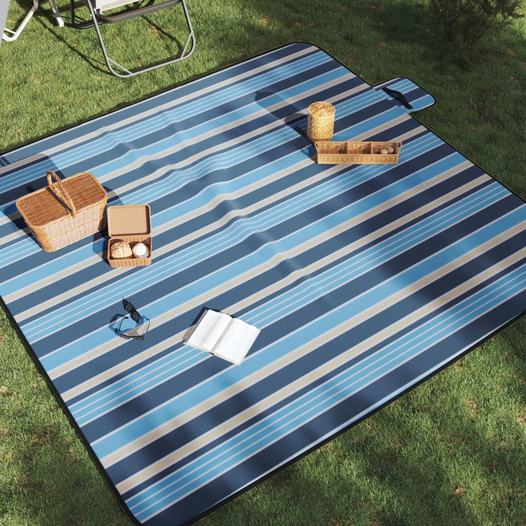 Manta piquenique dobrável 200x200 cm veludo riscas azul/branco