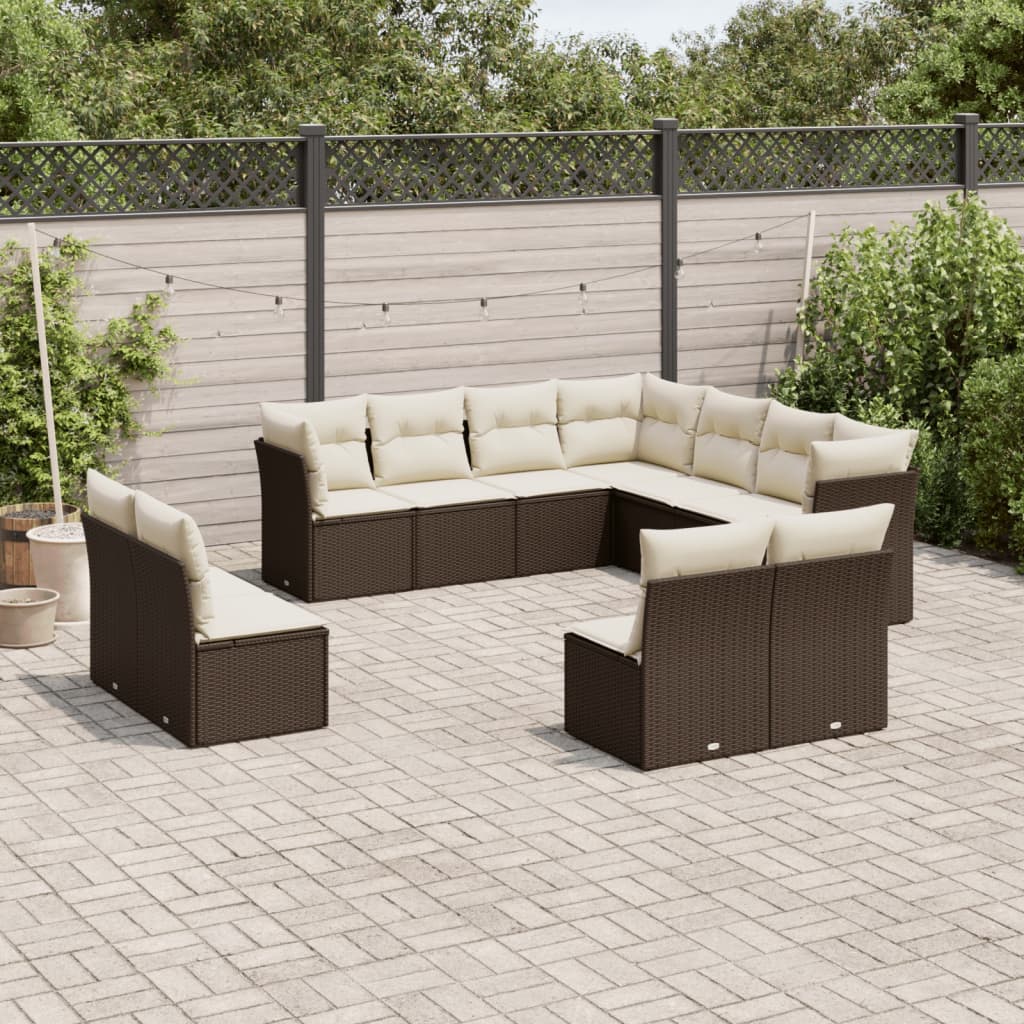 11 pcs conjunto sofás de jardim c/ almofadões vime PE castanho