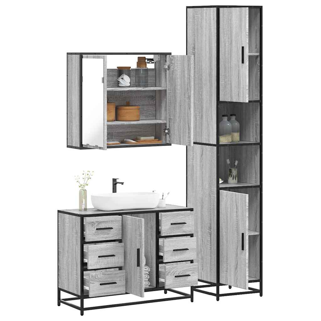 3 pcs Conjunto móveis casa de banho madeira proc. cinza sonoma