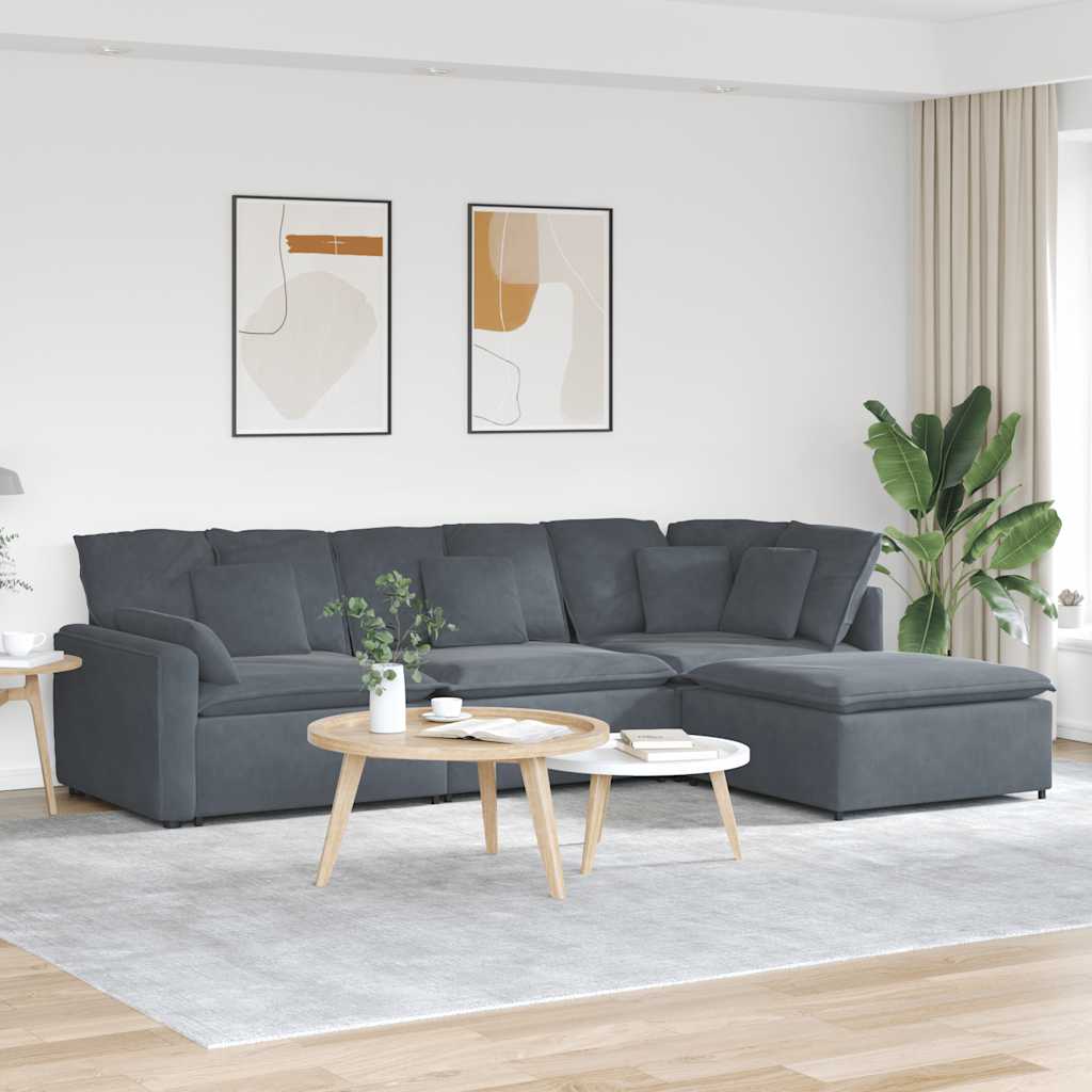 Sofá modular com pufes e almofadas veludo cinzento-escuro