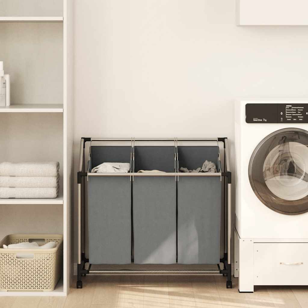 Cesto para roupa suja com rodas 3 compartimentos cinzento