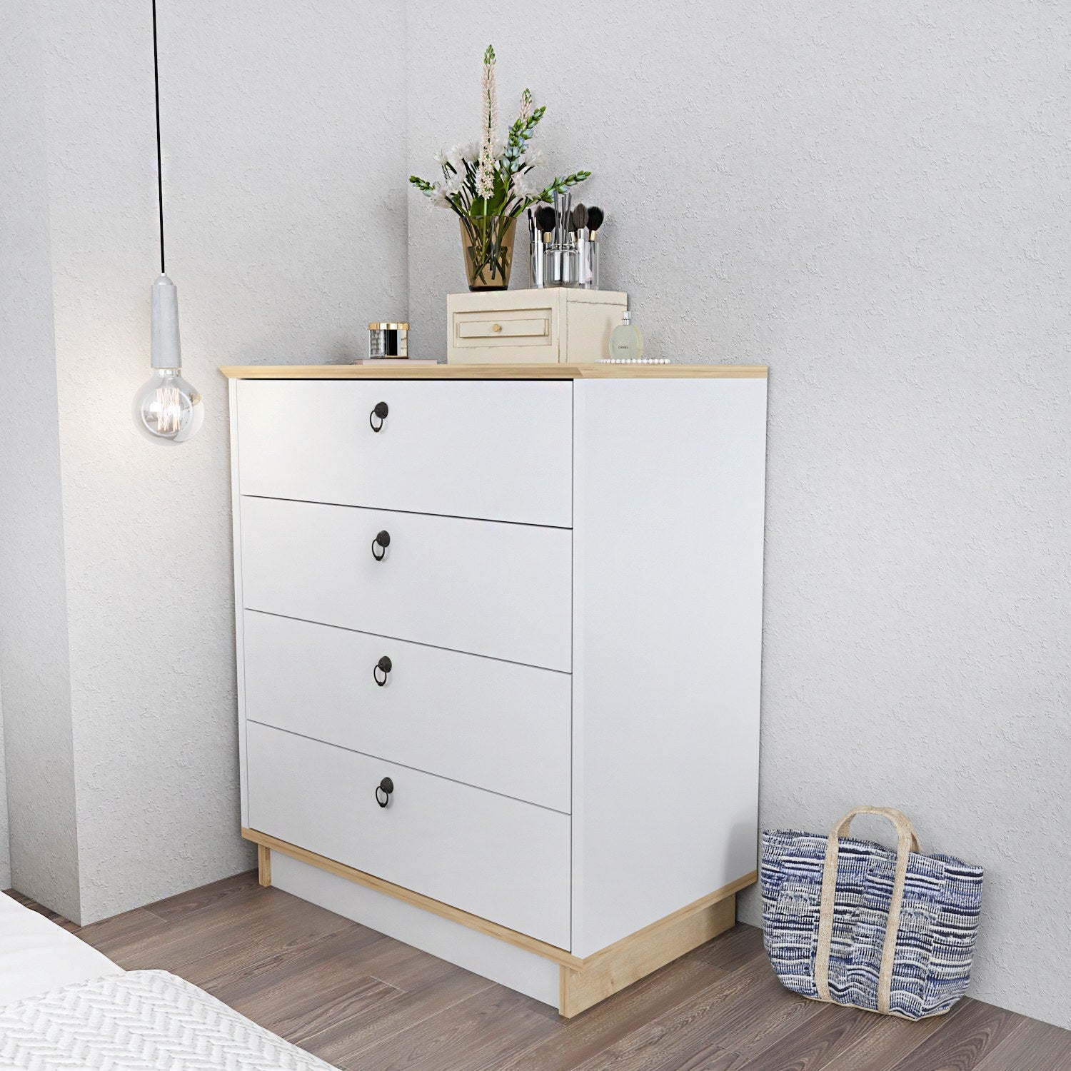 Cómoda "Elysian" de 4 Gavetas – Branco e Carvalho Claro - 72x42x83.1 cm – Design Nórdico