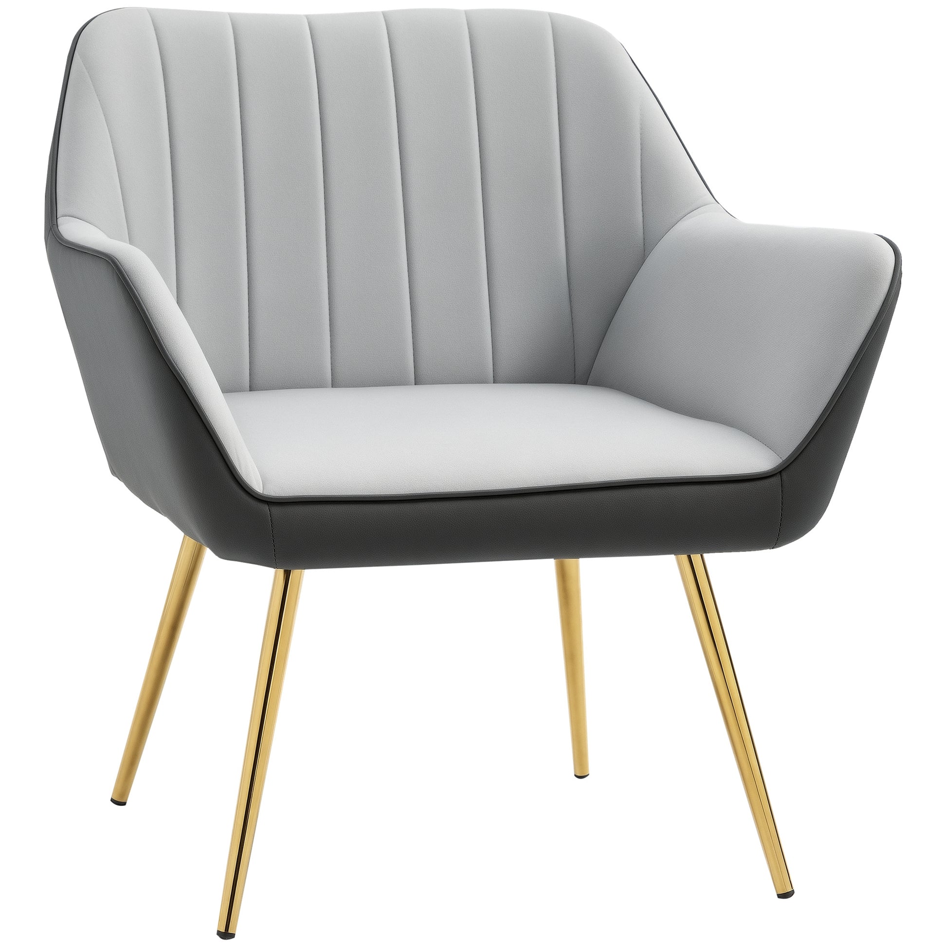 Poltrona de Sala de Estar Estofada em Couro Sintético e Veludo com Apoios para os Braços Pés Dourados e Estrutura de Aço Poltrona para Dormitório Carga 120 kg 64x62x72,5 cm Cinza