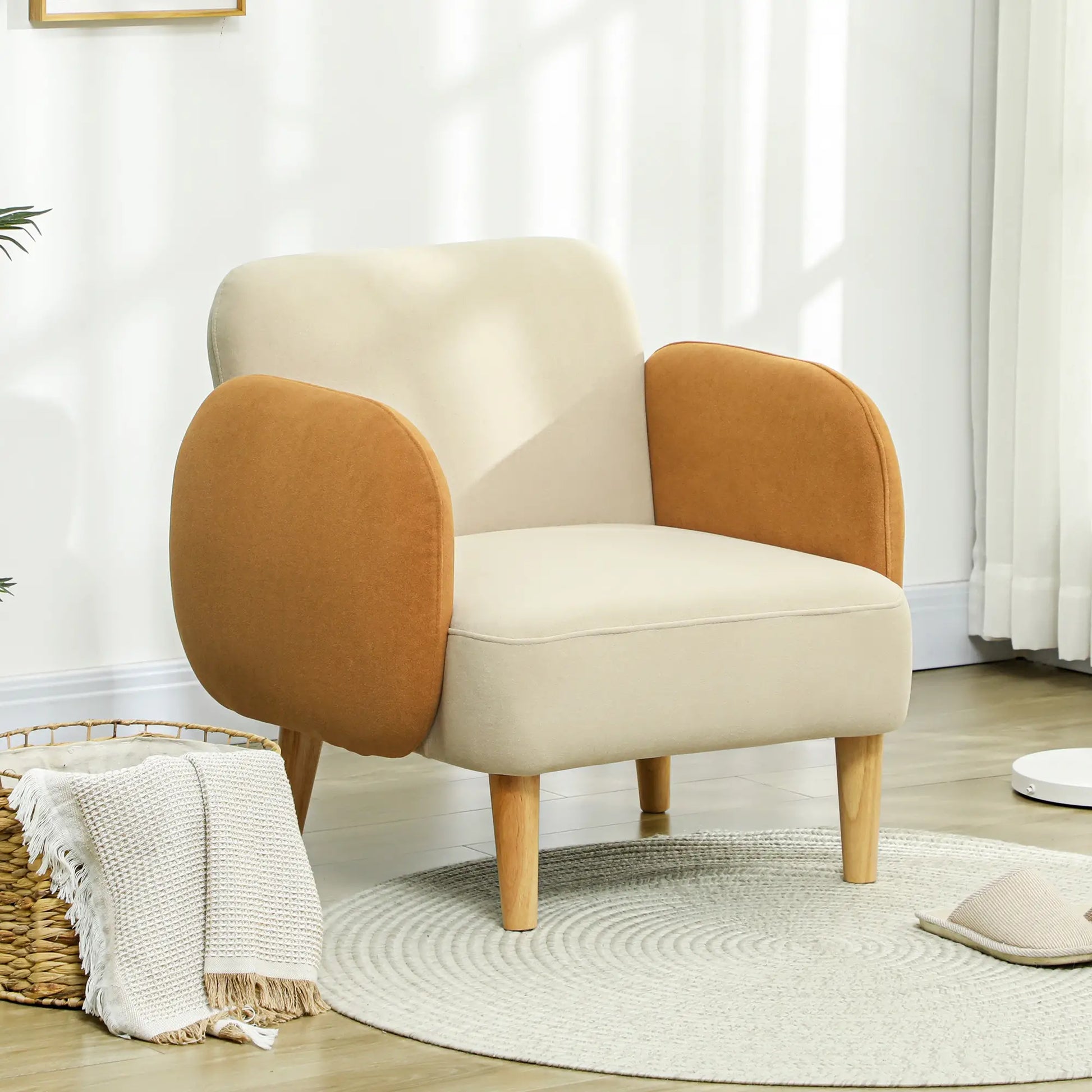 Poltrona Sala de Estar Poltrona Nórdica Poltrona para Dormitório com Apoio para os Braços e Pés de Madeira Sofá Individual Carga 120 kg 72x87x82 cm Bege e Ocre