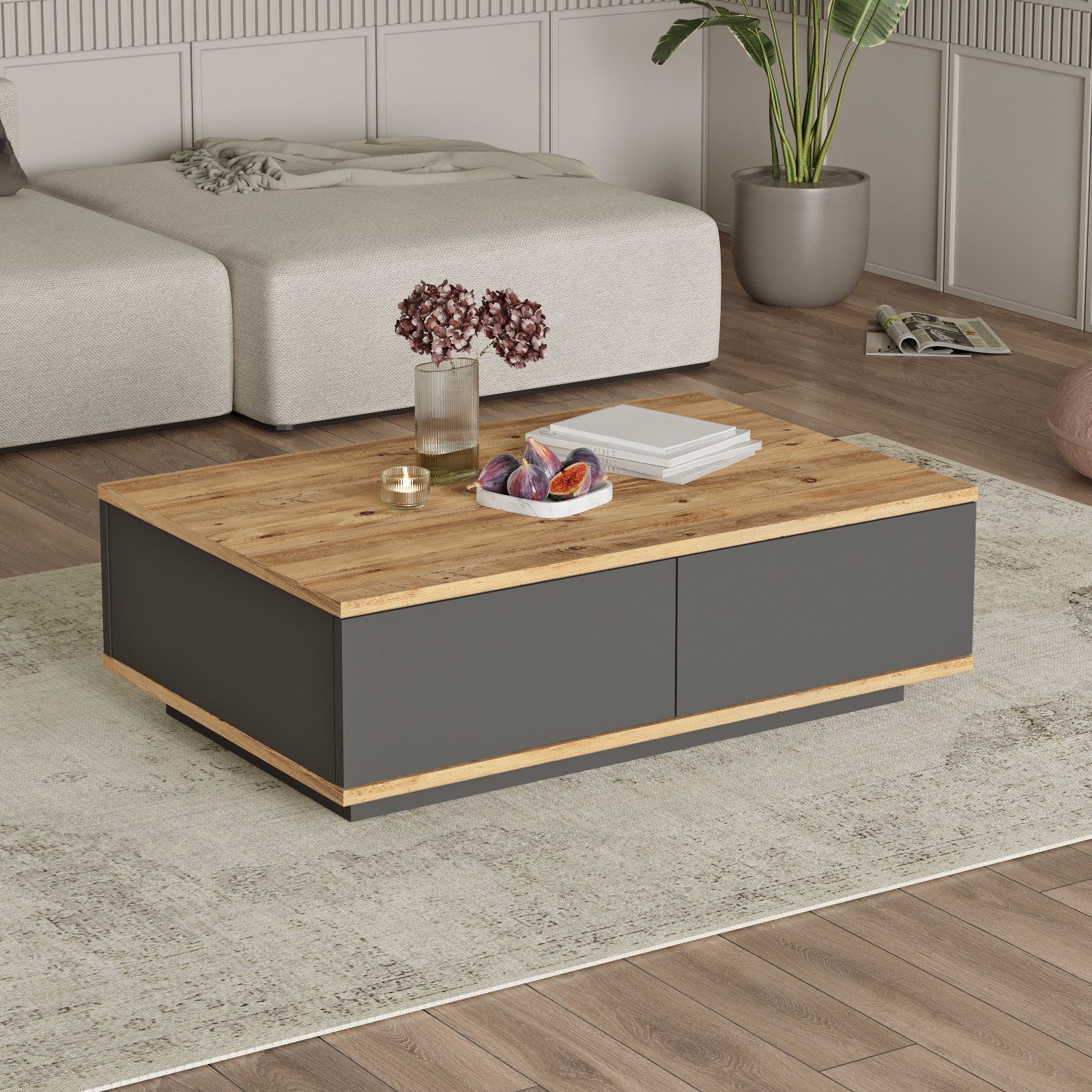 Mesa de Centro Future — 90x60 cm — Design Moderno em Pinho Atlântico e Antracite, Estrutura Revestida a Melamina