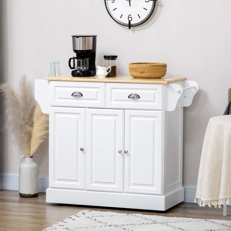 Carrinho de Cozinha Ilha de Cozinha com Rodas Móvel Multifuncional com 2 Gavetas 3 Armários Suporte para Panos e para Temperos para Sala de Jantar 110x45x89cm Branco