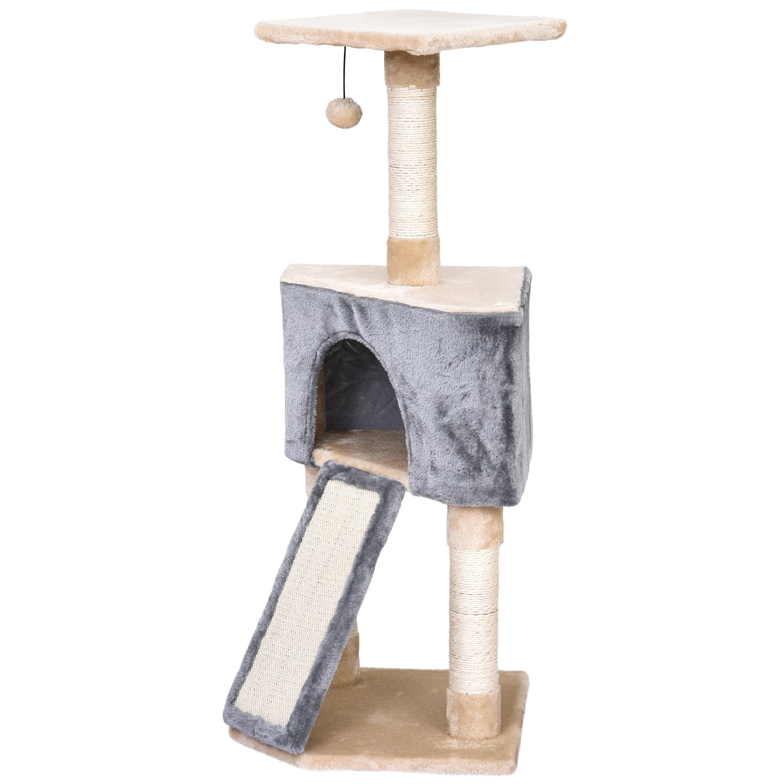 PawHut Arranhador para Gatos 40x40x98 cm com Caverna Brinquedo Suspenso Rampa e Postes de Arranhar em Corda de Sisal Cinza e Bege