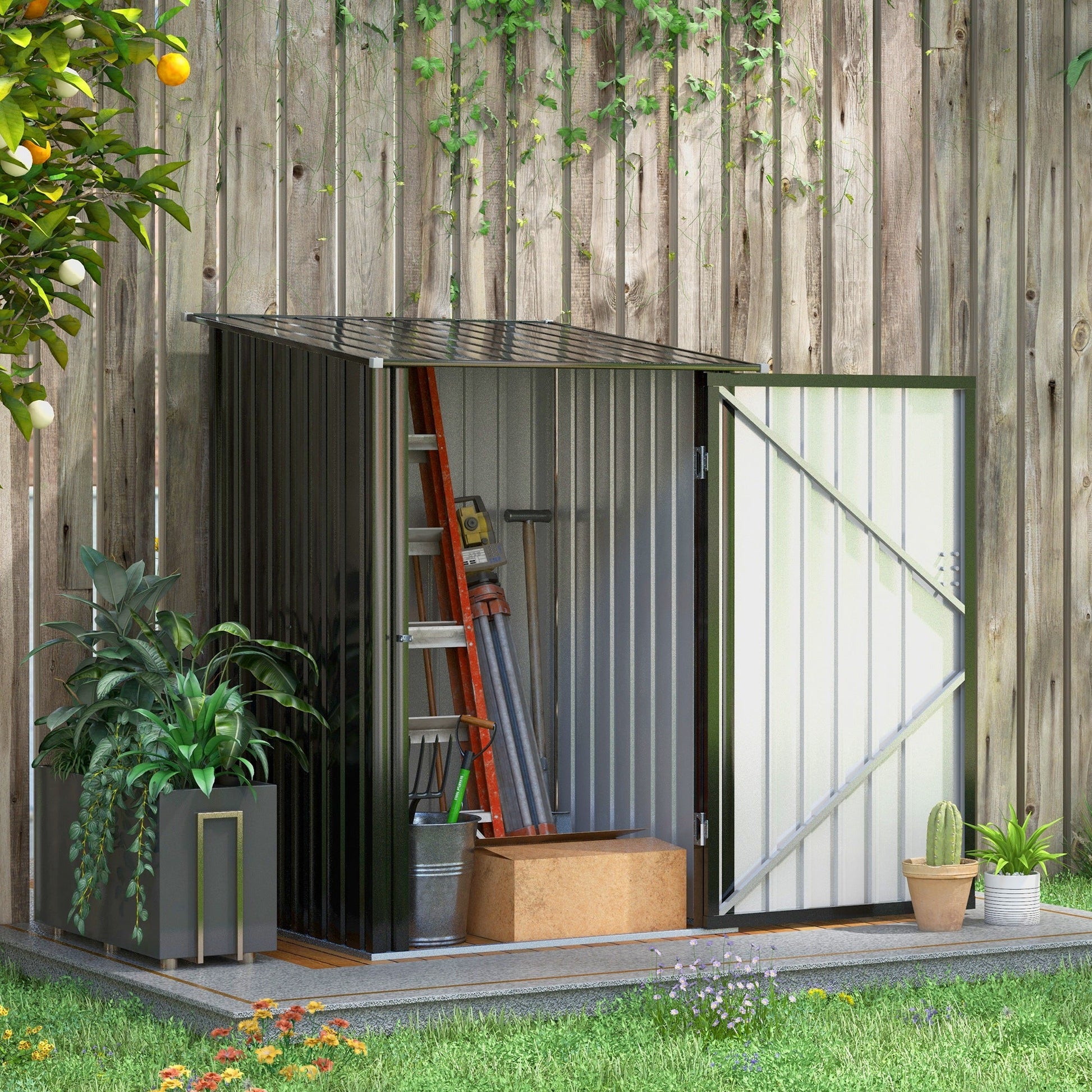 Abrigo de Jardim 0,92 m² 100x103x160cm Abrigo Exterior de Aço Galvanizado com Porta Fechadura e Teto Inclinado para Armazenamento de Ferramentas Cinza Escuro