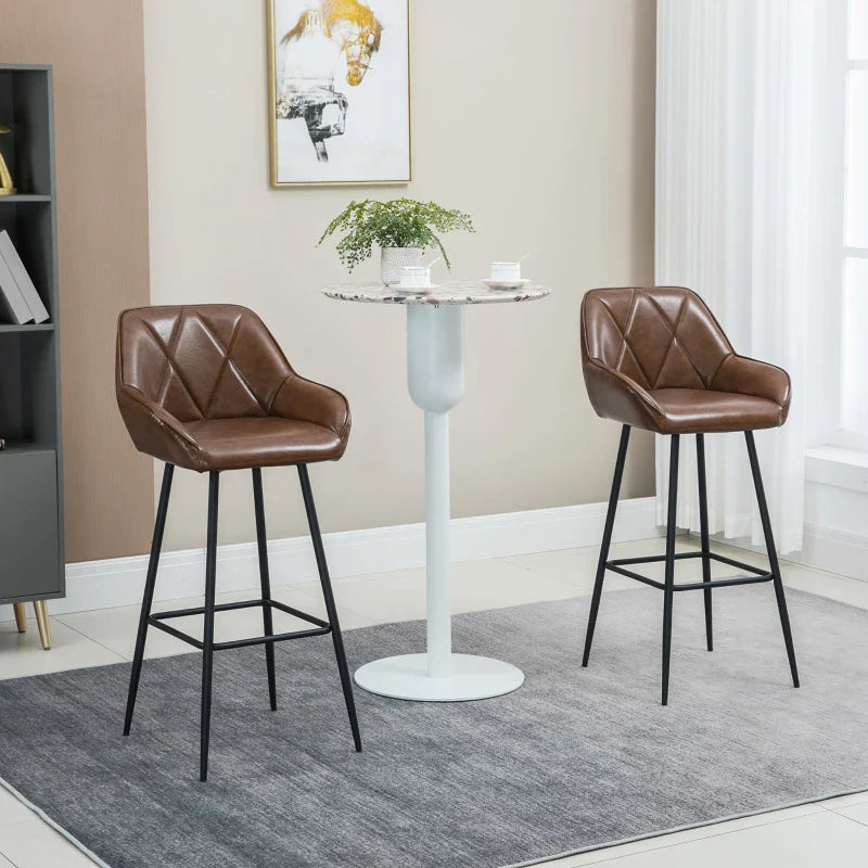 Conjunto de 2 Bancos Altos de Cozinha Bancos de Bar Estofados em PU com Encosto Alto Pés de Aço e Apoio para os Pés para Sala de Jantar Carga 120kg 50x47,5x102,5cm Marrom