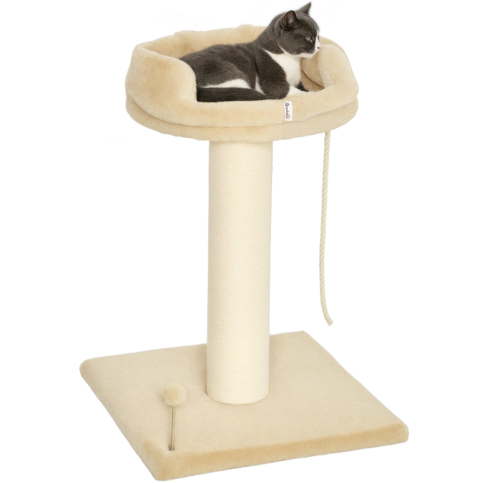 PawHut Arranhador para Gatos Mini Arranhador para Gatos de 2 Níveis com Plataforma Bola com Mola Corda Suspensa e Poste de Sisal 55x55x83 cm Bege