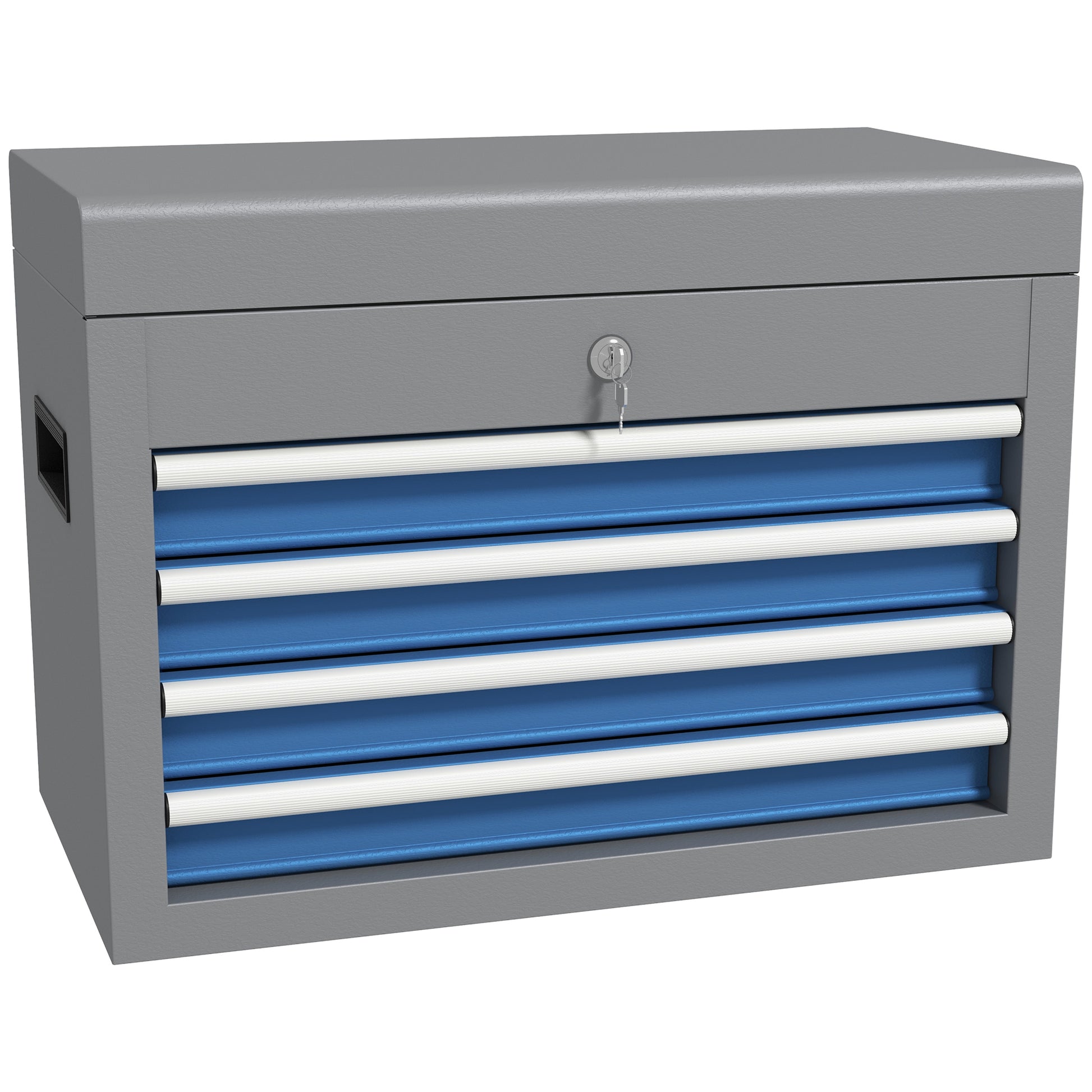 Caixa de Ferramentas Metálica Mala de Ferramentas com 4 Gavetas Bandeja Superior Fecho e Pegas Laterais Carga 20 kg 45x24,5x32,5 cm Cinzento e Azul