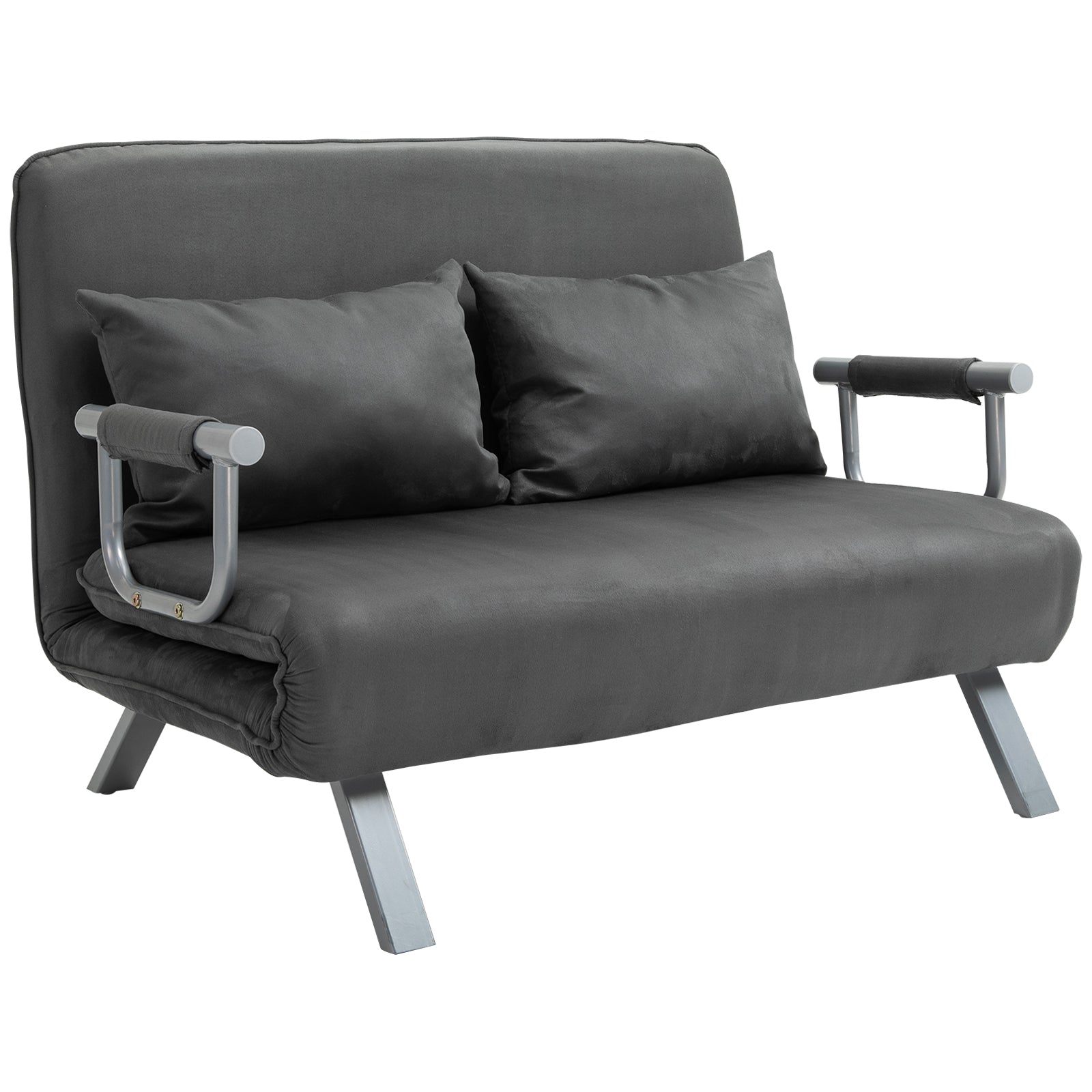 Sofá Cama de 2 Lugares Sofá Cama Pequeno Estofado em Camurça Sintética com Encosto Ajustável em 5 Níveis e 2 Almofadas Acolchoadas para Escritório Dormitório Sala de Estar 111x80x78 cm Cinzento