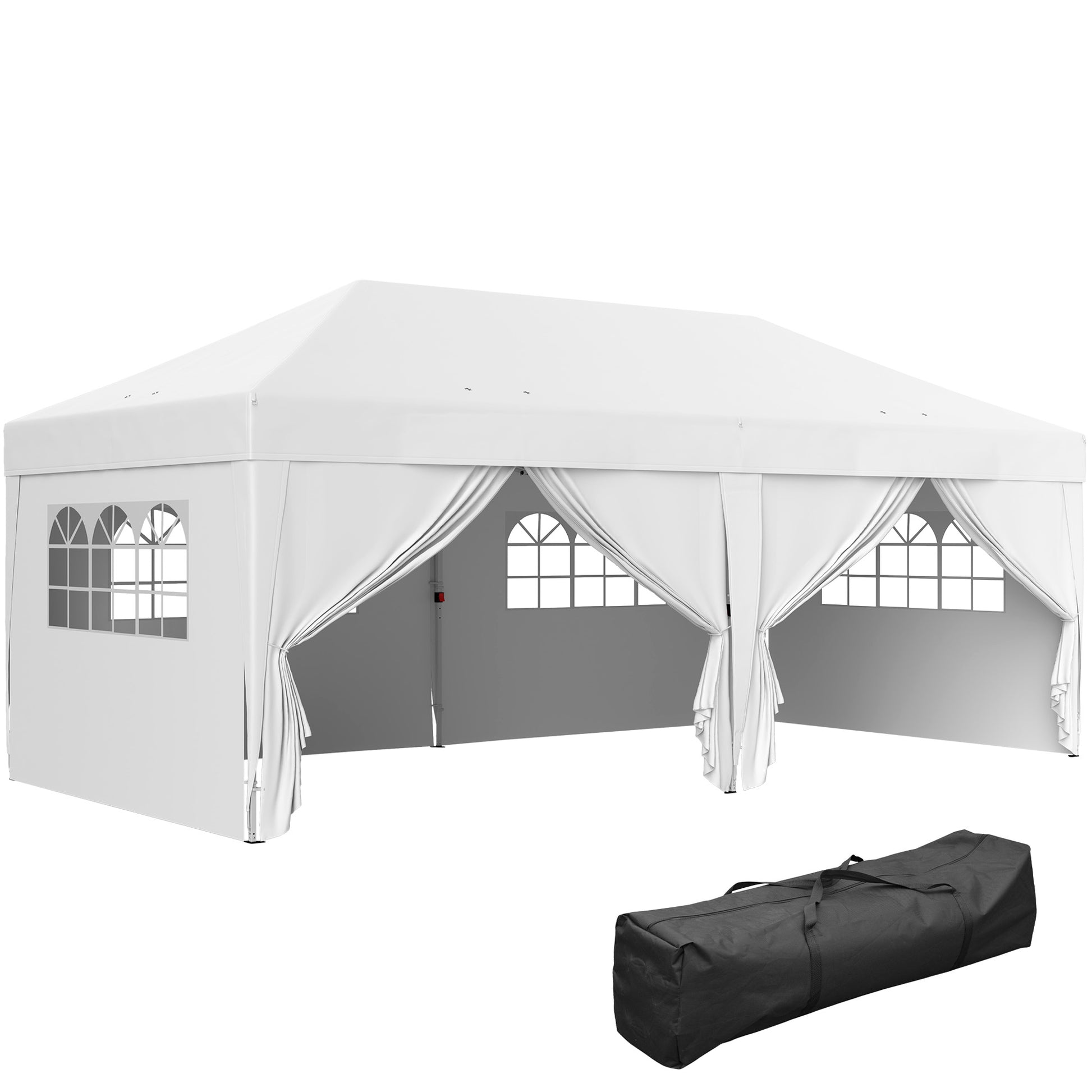 Tenda Dobrável 5,90x2,95 m Tenda de Jardim com 6 Paredes Laterais Impermeável Anti-UV e Bolsa de Transporte Tenda para Campismo Festas Branco