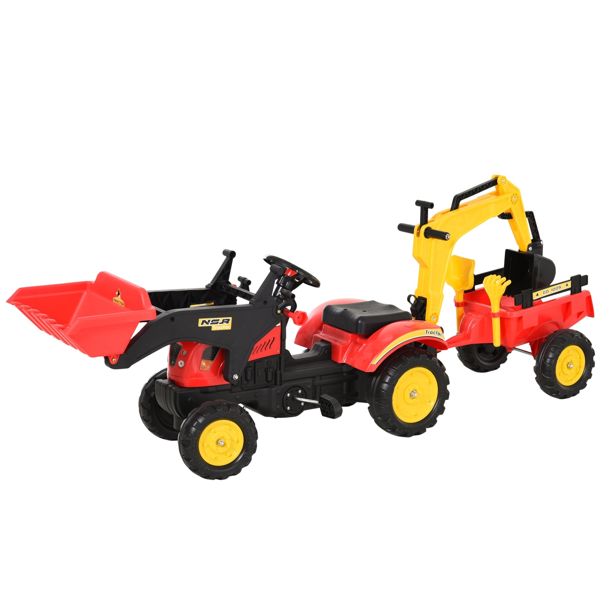 Trator de pedais com reboque escavadeira com pá frontal de brinquedo de condução para crianças acima de 3 anos Direção e pás de fácil controle Suporta até 35 kg 179x42x59 cm Vermelho