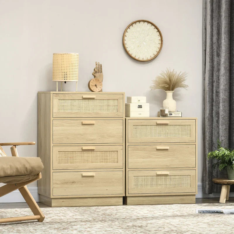 Cómoda com 3 Gavetas de Vime Cómoda de Madeira para Dormitório Sala de Estar Estilo Boêmio 60x38x69 cm Madeira