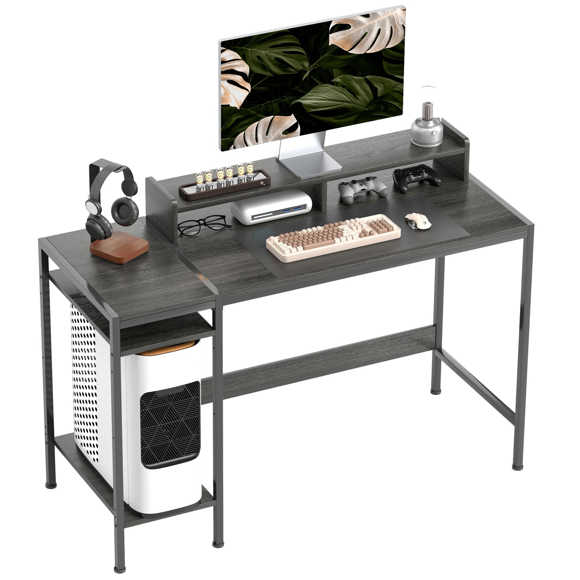 Secretária Moderna Mesa de Computador com Prateleiras Laterais Suporte para Monitor Ajustável e Estrutura Móvel para Casa Escritório Estúdio 120x48x85,5 cm Madeira Acinzentada