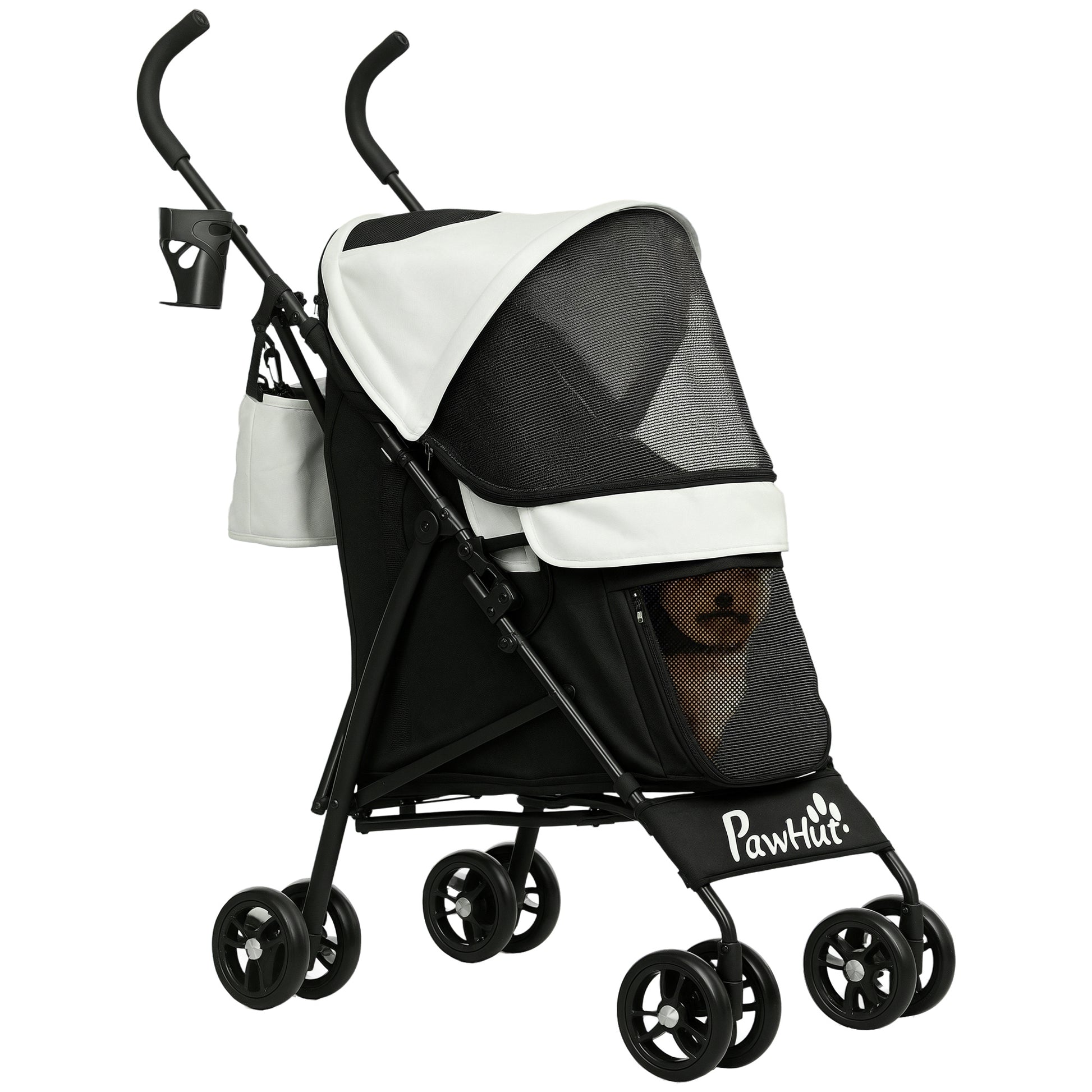 PawHut Carrinho para Cães Pequenos com Estrutura Compacta Carrinho Dobrável com Colchão Lavável Suporte para Copos Janelas de Rede e Bolsa de Arrumação 76x44x103 cm Creme