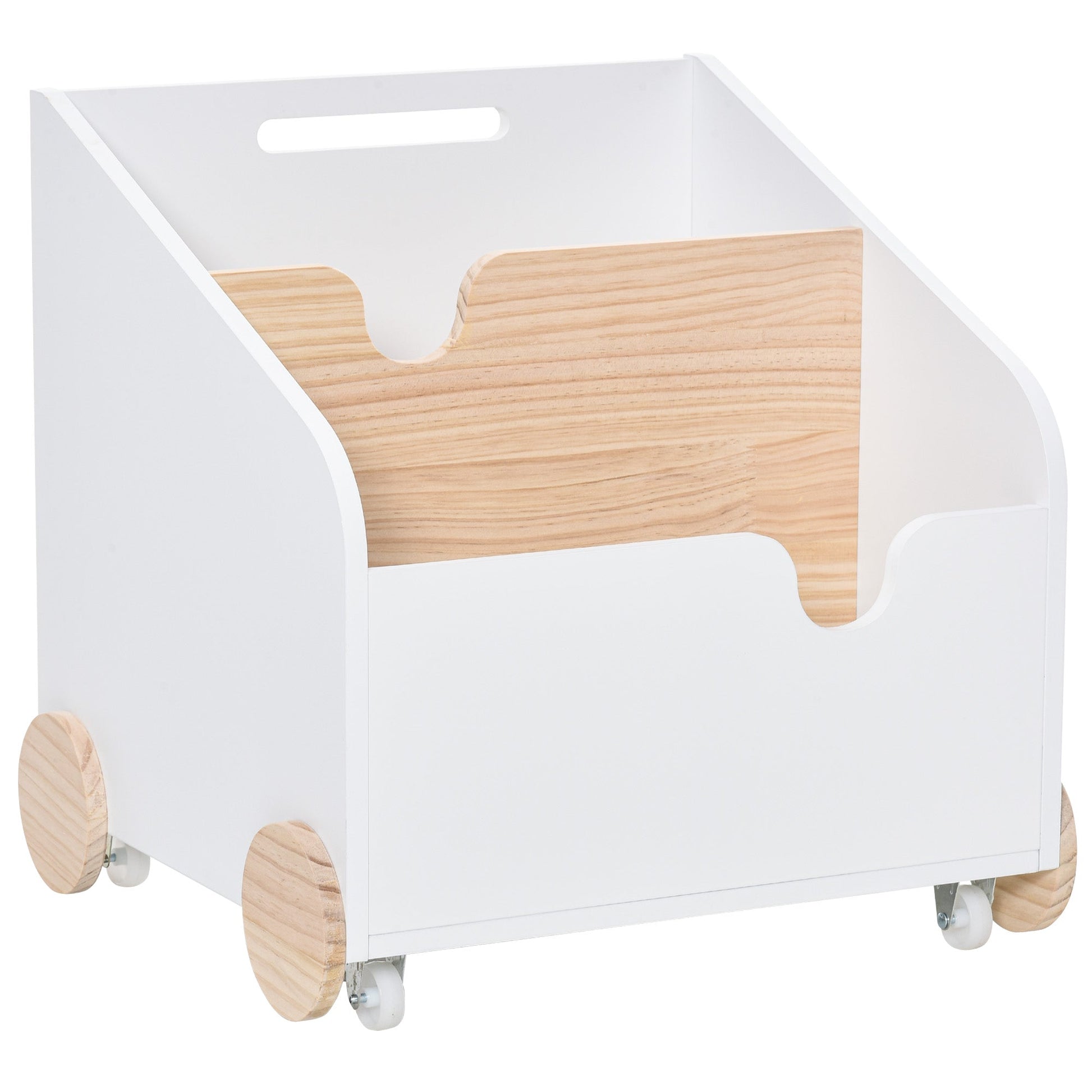 Caixa de Armazenamento de Brinquedos de 2 Seções com Rodas Puxador Carrinho de Madeira Infantil 40x43x43cm Branco e Madeira Natural